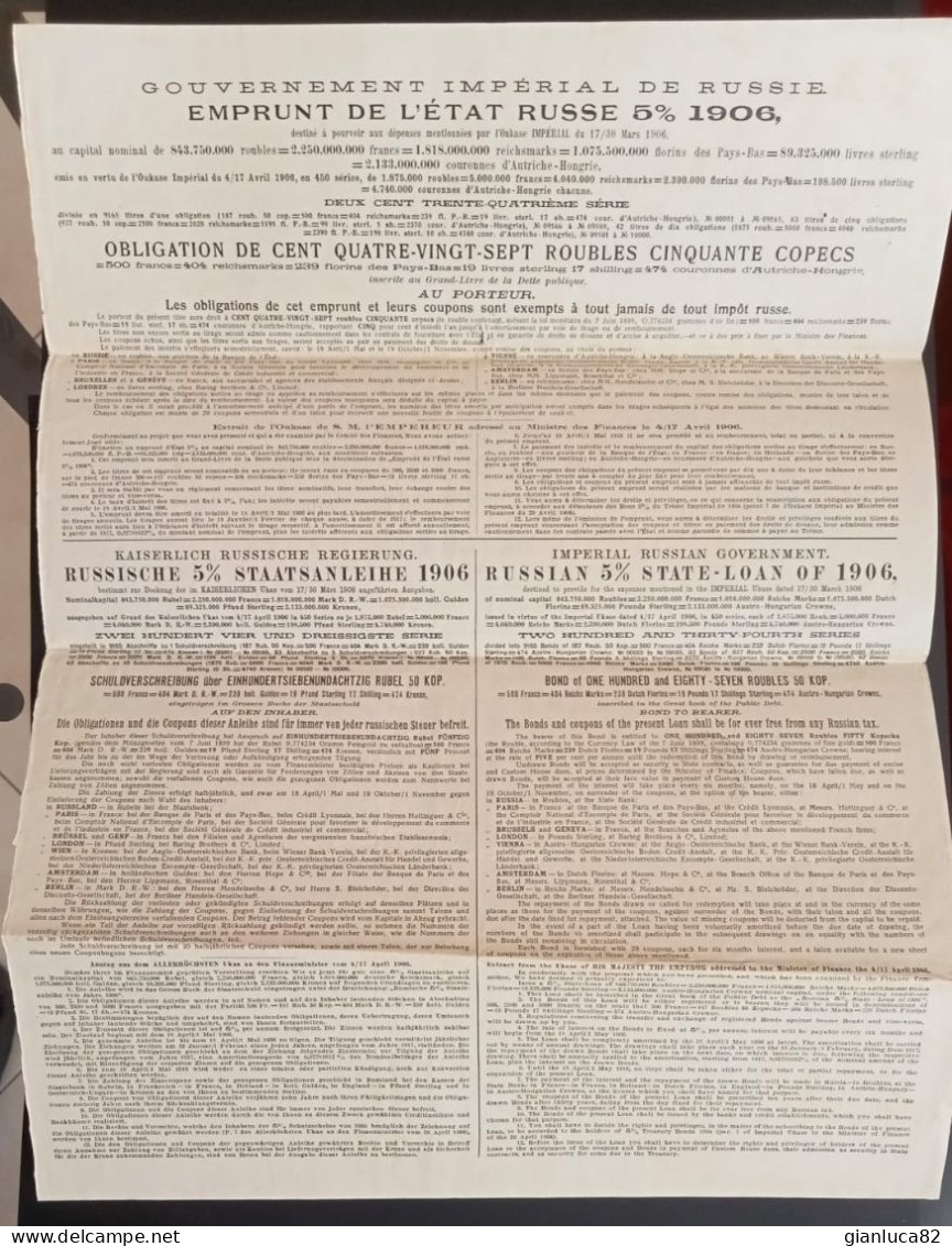 Bond 1906 Al 5% Antico Stato Imperiale Russia 187.50 Rubli (22) Come Foto Ripiegato Con Pieghe Tecniche 40,0 X 30,0 Cm - Russie