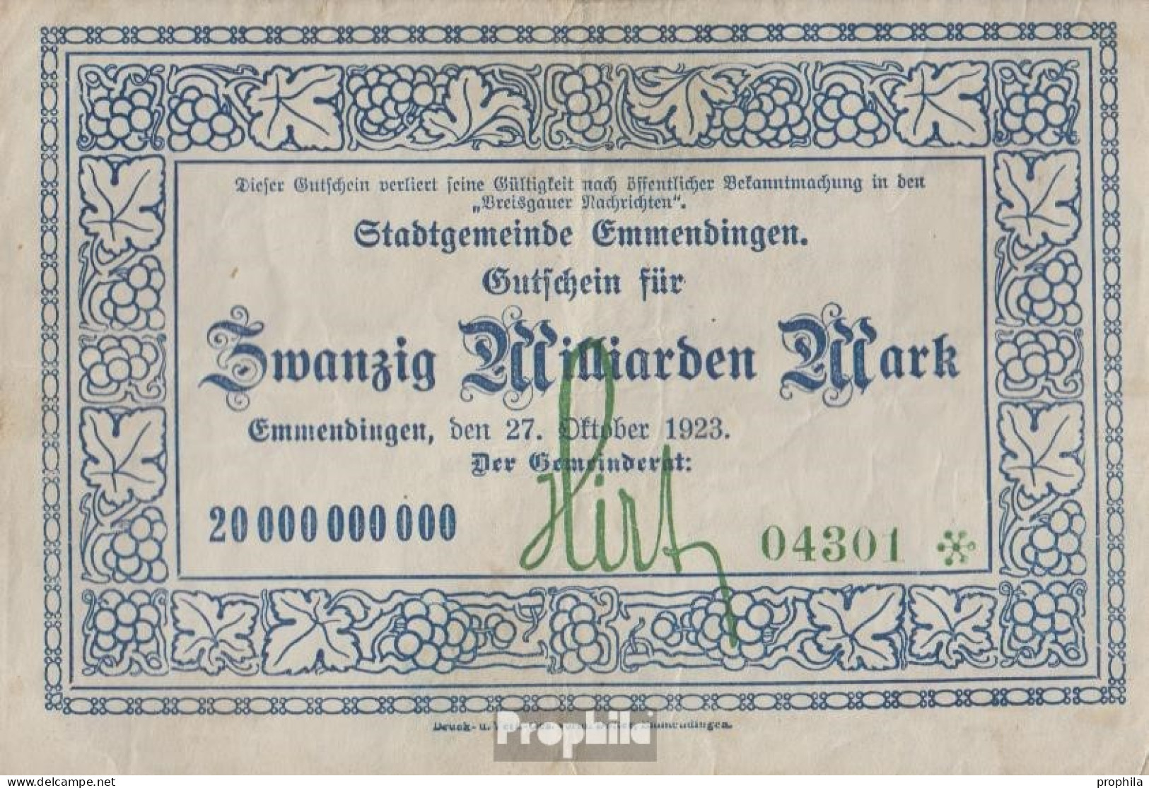 Emmendingen Inflationsgeld Stadt Emmendingen Gebraucht (III) 1923 20 Milliarden Mark - 20 Milliarden Mark