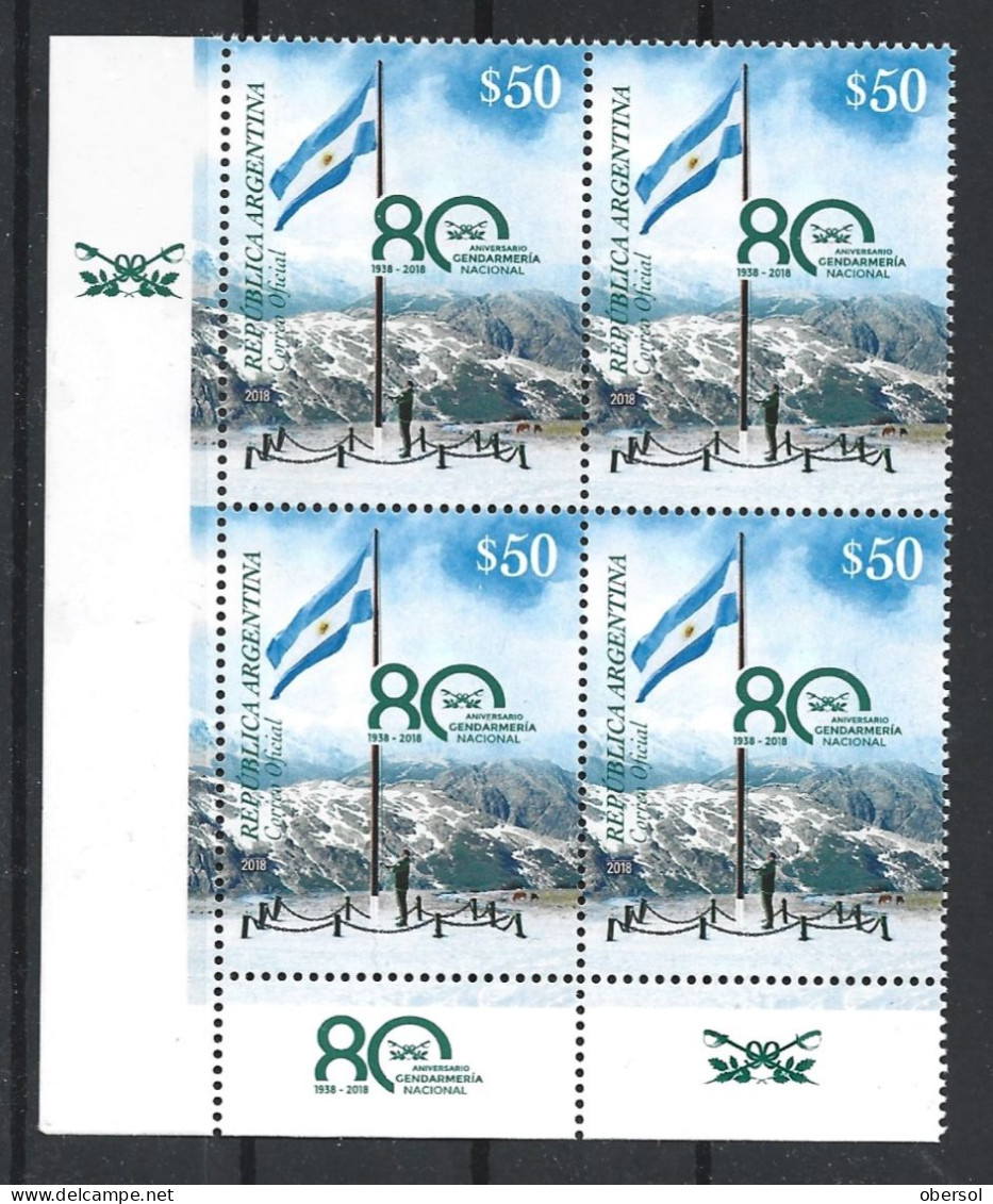 Argentina 2018 Gendarmerie 80 Years, Flag, Mountains MNH Block Of Four W/ Page Corner - Nuevos