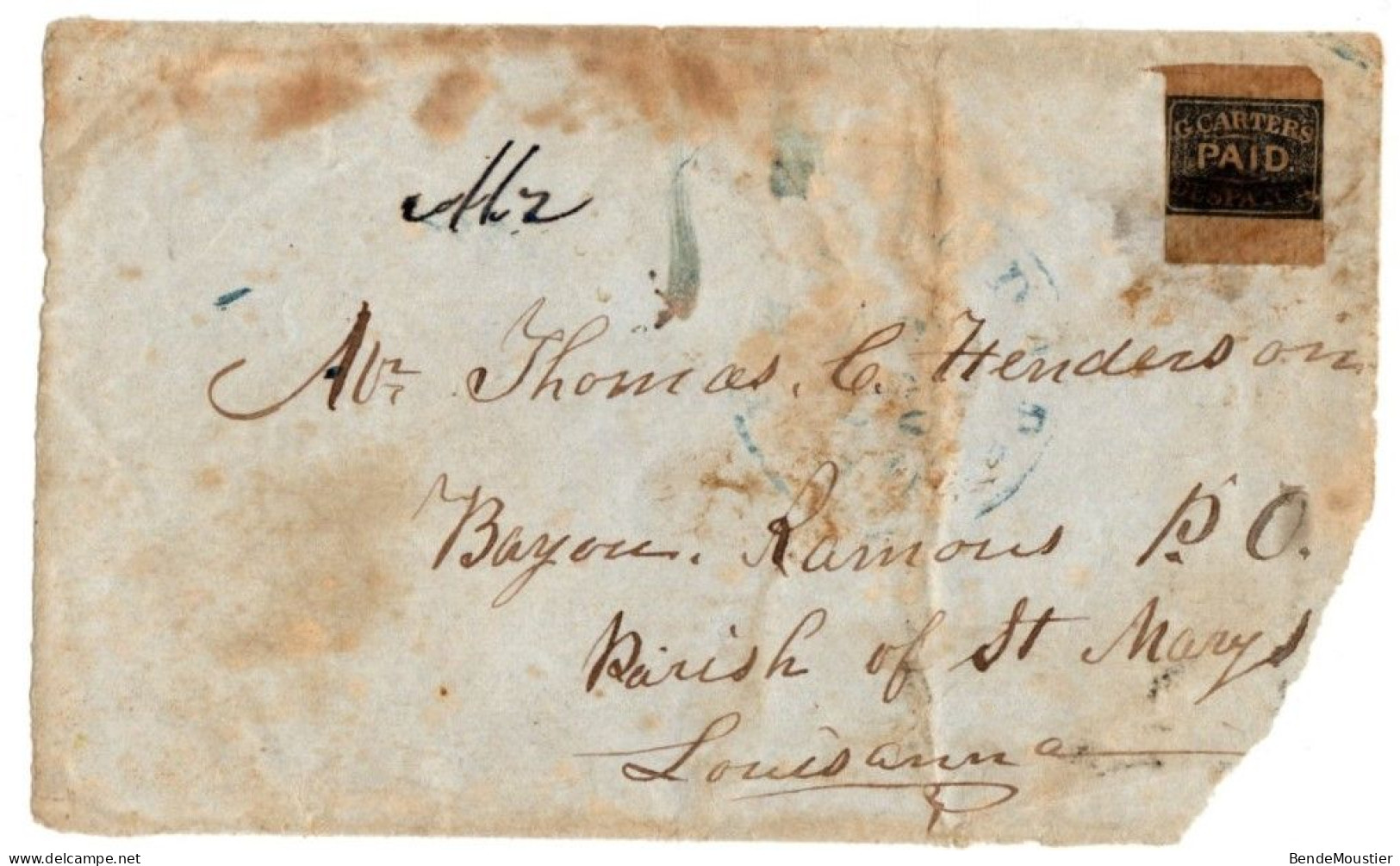 (R132) USA Scott # 36 L1 - Piece Of Cover - Blue Cancel - G' Carter's  Dispatch (L101) Black On Ribbed Paper 1849-1851 - Locals & Carriers