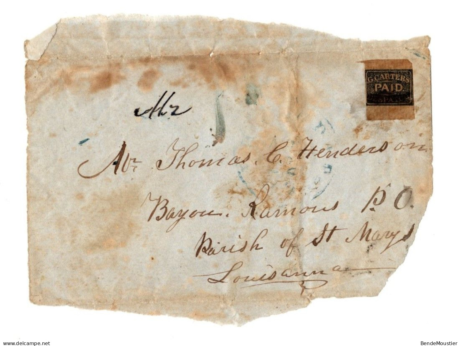 (R132) USA Scott # 36 L1 - Piece Of Cover - Blue Cancel - G' Carter's  Dispatch (L101) Black On Ribbed Paper 1849-1851 - Locals & Carriers