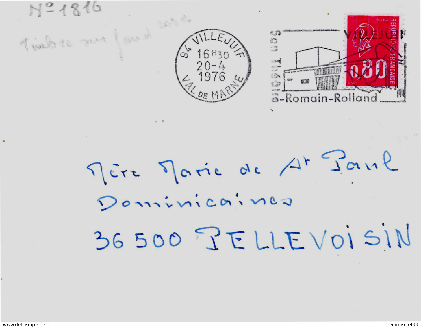 Variété Sur Lettre N° Yvert 1816L 3 Bandes Sur Fond Rosé Oblitération Secap 94 Villejuif 20-4 1976 - Covers & Documents
