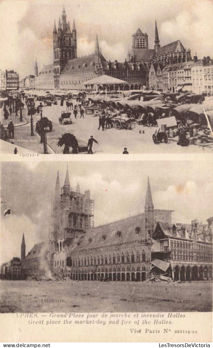 BELGIQUE - Yprès - Grand Place Jour De Marché Et Incendie Halles -  Carte Postale Ancienne - Ieper