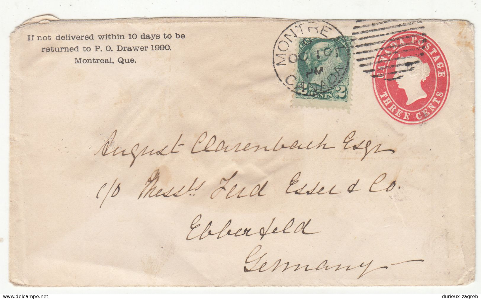 Canada Old QV Postal Stationery Letter Cover Posted 1890 To Germany - Uprated B230810 - 1860-1899 Règne De Victoria