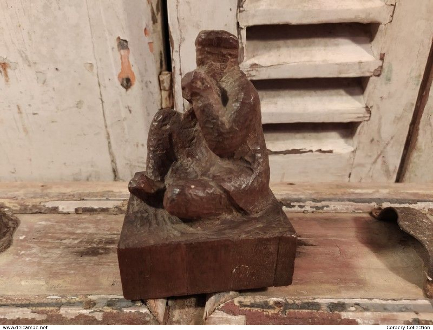 Sculpture Sur Bois (Ebauche) Prisonnier Allemand Jouant De L'harmonica 1ère Guerre Mondiale 14-18 WW1 - Legni