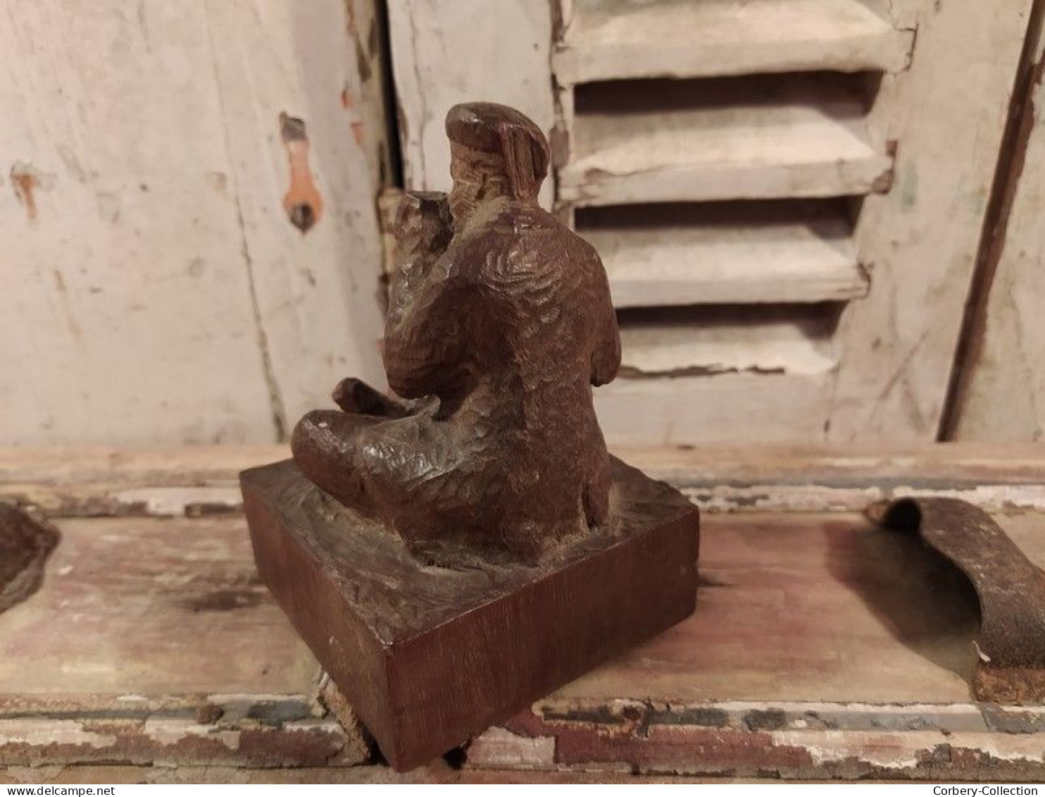 Sculpture Sur Bois (Ebauche) Prisonnier Allemand Jouant De L'harmonica 1ère Guerre Mondiale 14-18 WW1 - Holz