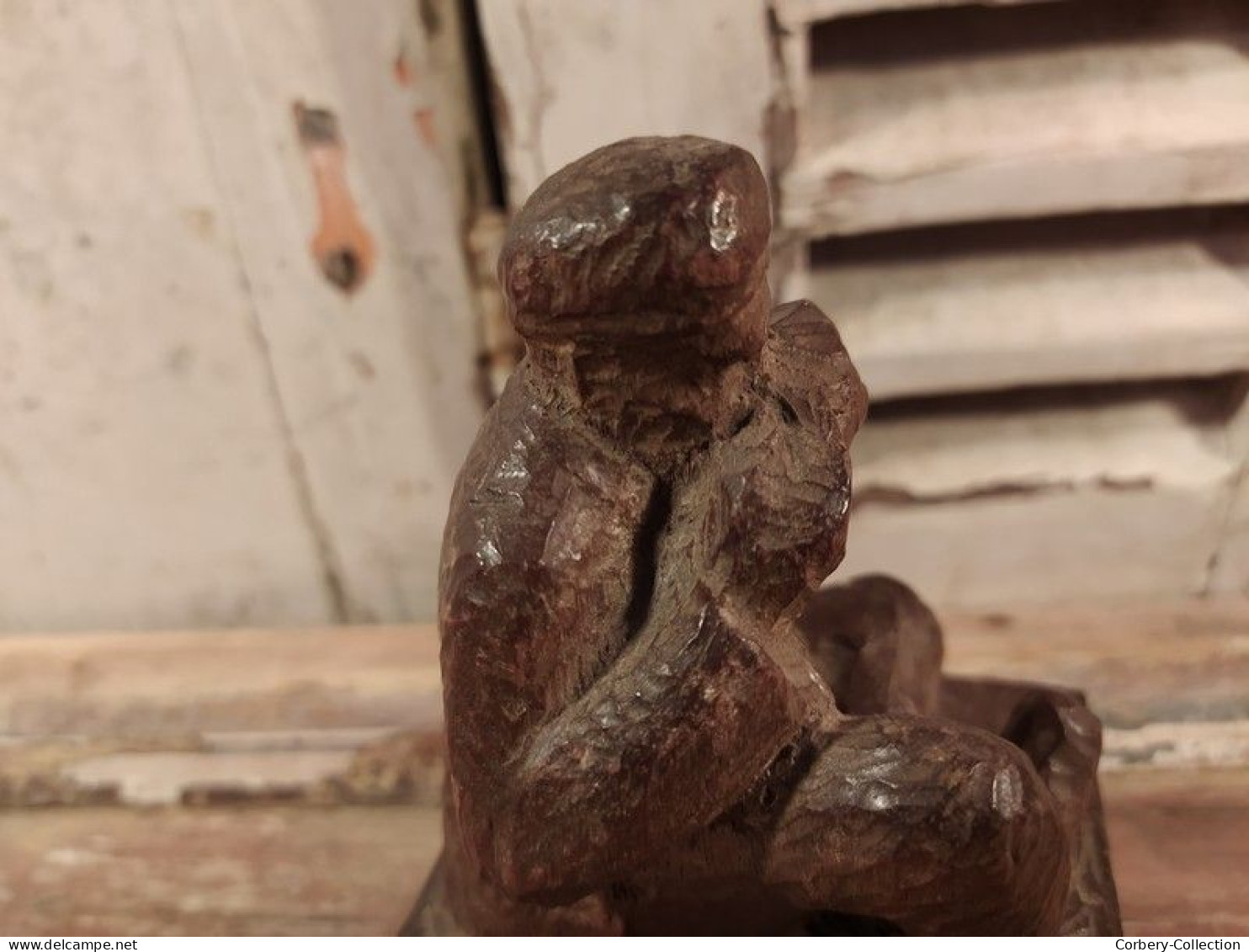 Sculpture sur Bois (Ebauche) Prisonnier Allemand jouant de l'harmonica 1ère Guerre Mondiale 14-18 WW1