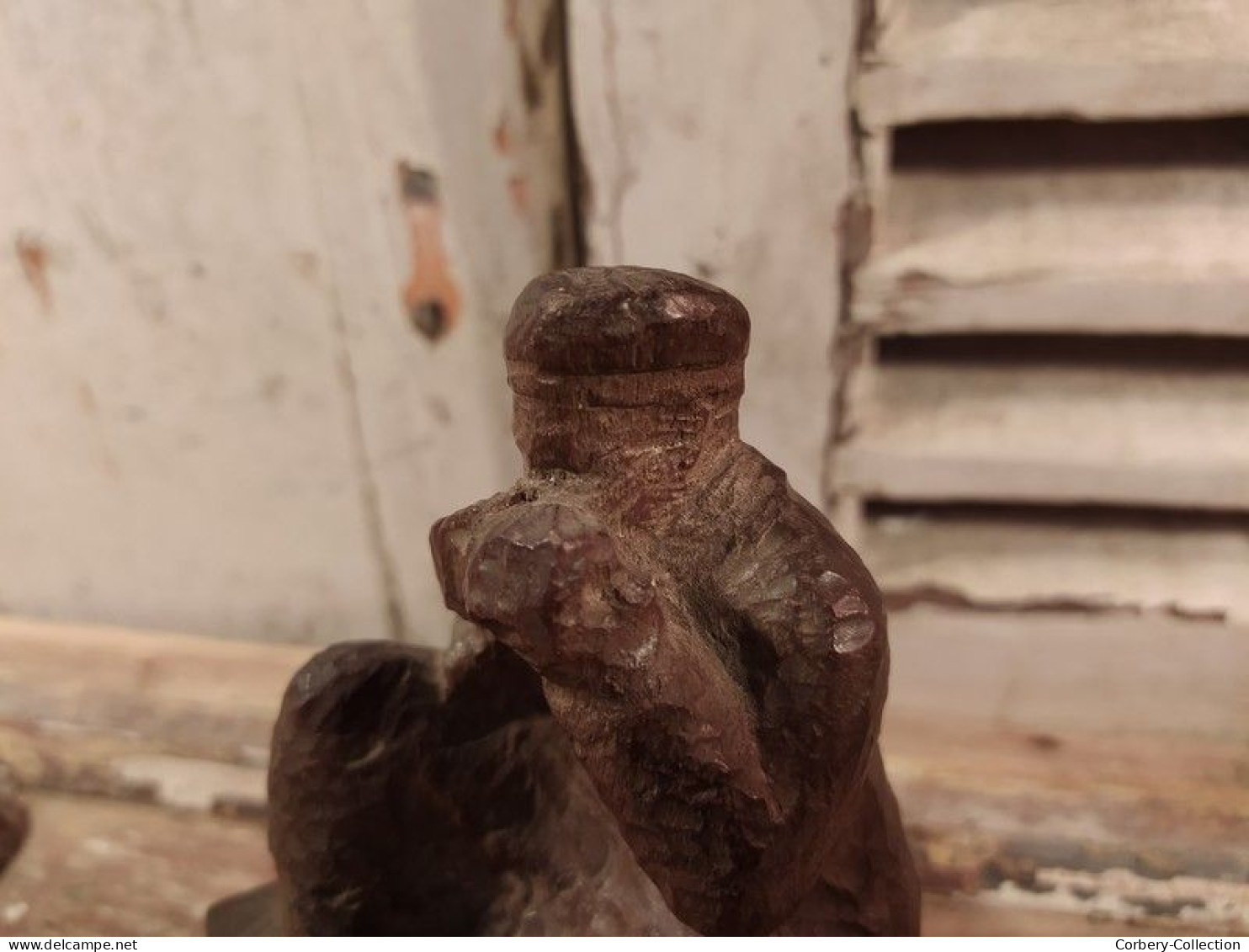 Sculpture sur Bois (Ebauche) Prisonnier Allemand jouant de l'harmonica 1ère Guerre Mondiale 14-18 WW1