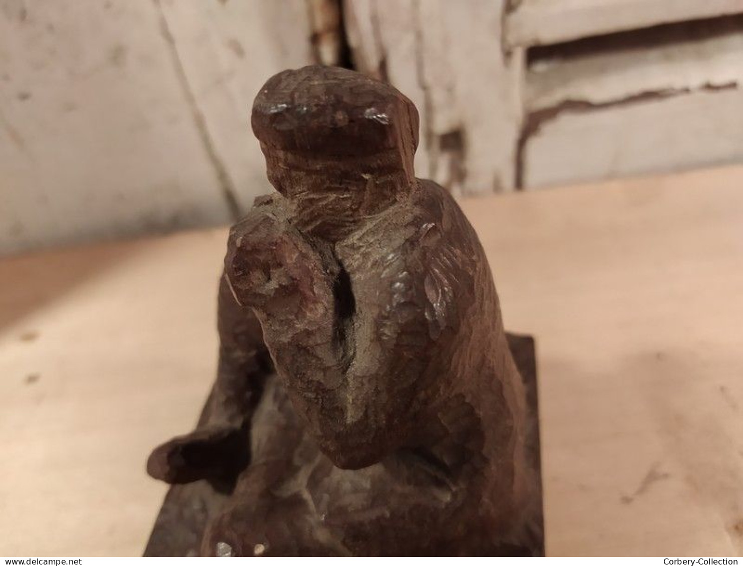 Sculpture sur Bois (Ebauche) Prisonnier Allemand jouant de l'harmonica 1ère Guerre Mondiale 14-18 WW1