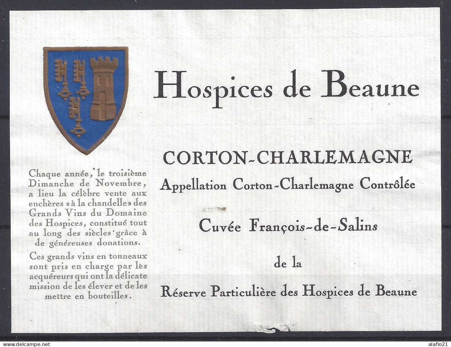 ETIQUETTE - HOSPICES De BEAUNE - CORTON CHARLEMAGNE - Cuvée François De Salins - Bourgogne