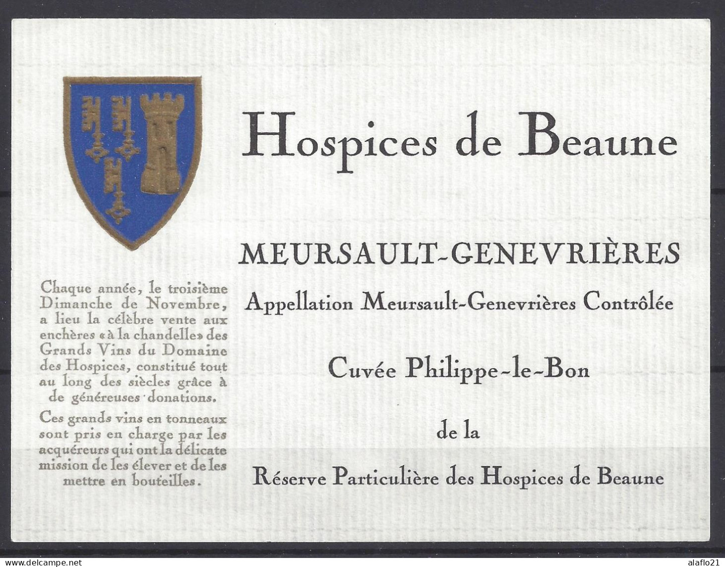 ETIQUETTE - HOSPICES De BEAUNE - MEURSAULT GENEVRIERES - Cuvée Philippe Le Bon - Bourgogne