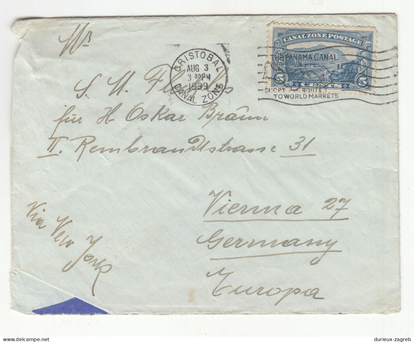 Canal Zone Letter Cover Posted 1939 Balboa To Germany B230810 - Canal Zone