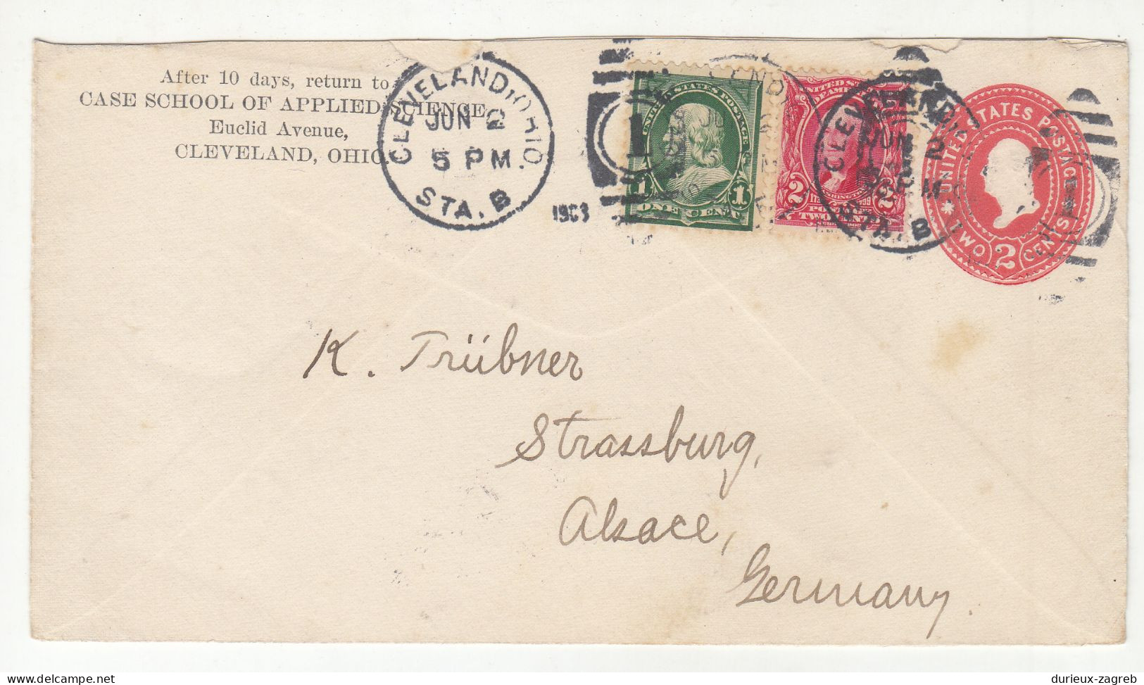 Case School Of Applied Science Preprinted Postal Stationery Letter Cover Posted 1903 To Germany - Uprated B230810 - 1901-20