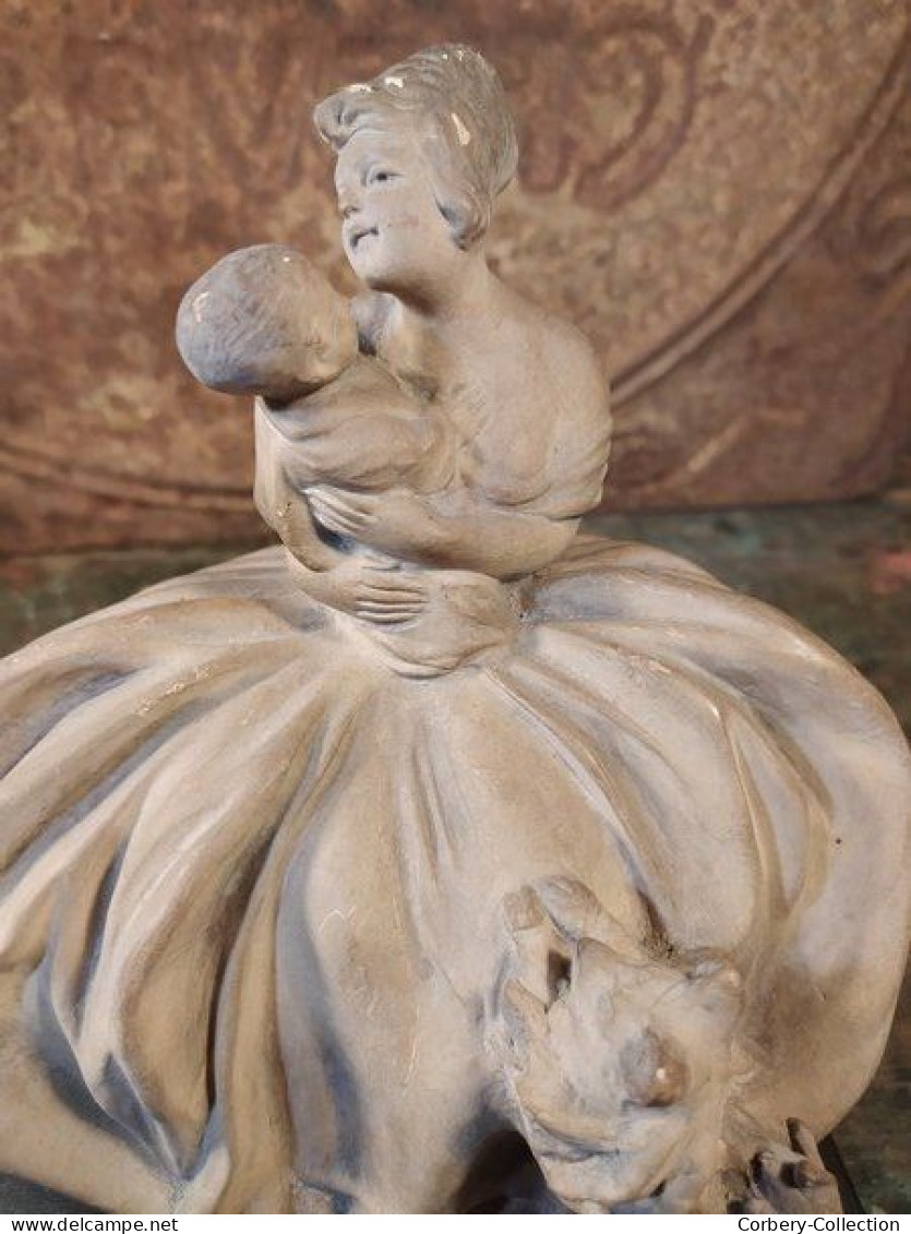 Sculpture Groupe Terre Cuite Femme Enfant Chien Bruno Tornati Italy 1920/1930