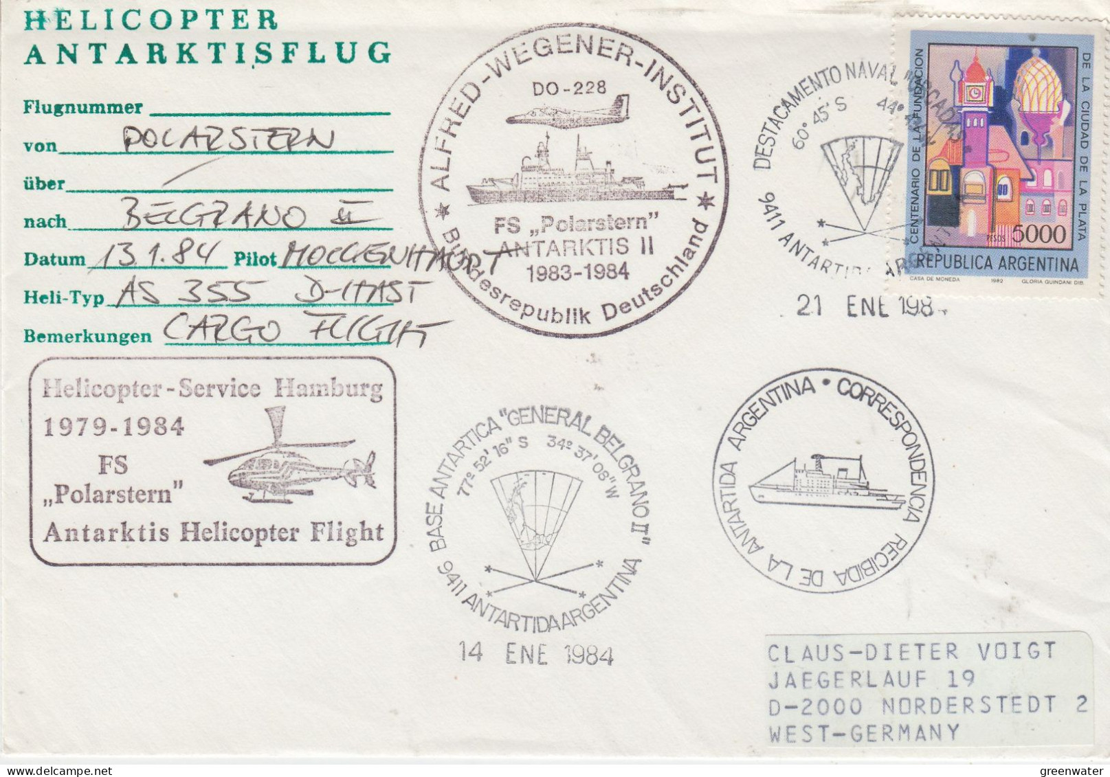 Argentina Heli Flight From Polarstern To Belgrano II 13.1.1984 (ET164) - Vols Polaires