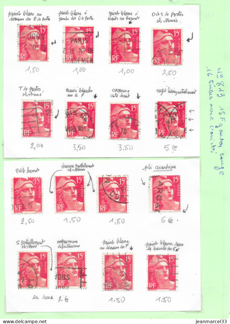 Variété Diverses Sur 16 Timbres 15f Gandon Rouge N° Yvert 813 Oblitération Diverses - Used Stamps