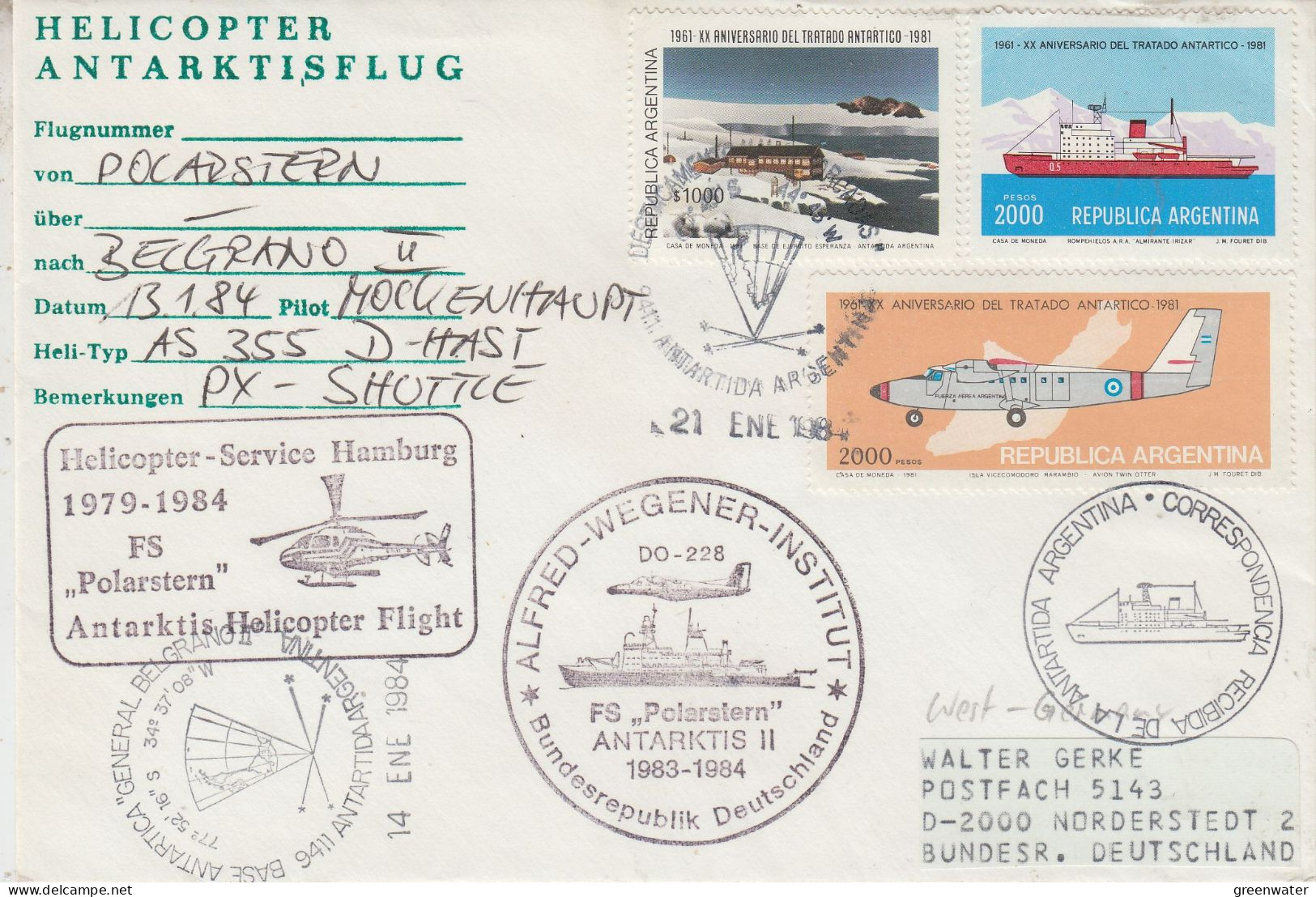 Argentina Heli Flight From Polarstern To Belgrano II 13.1.1984 (ET164A) - Vuelos Polares