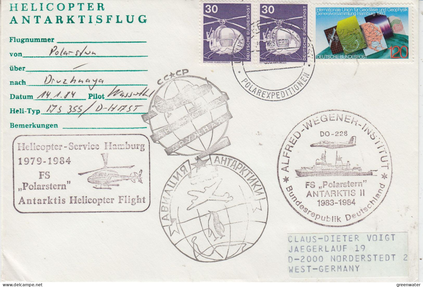 Germany Heli Flight From Polarstern To Drushnaya 14.1.1984 (ET164B) - Vols Polaires