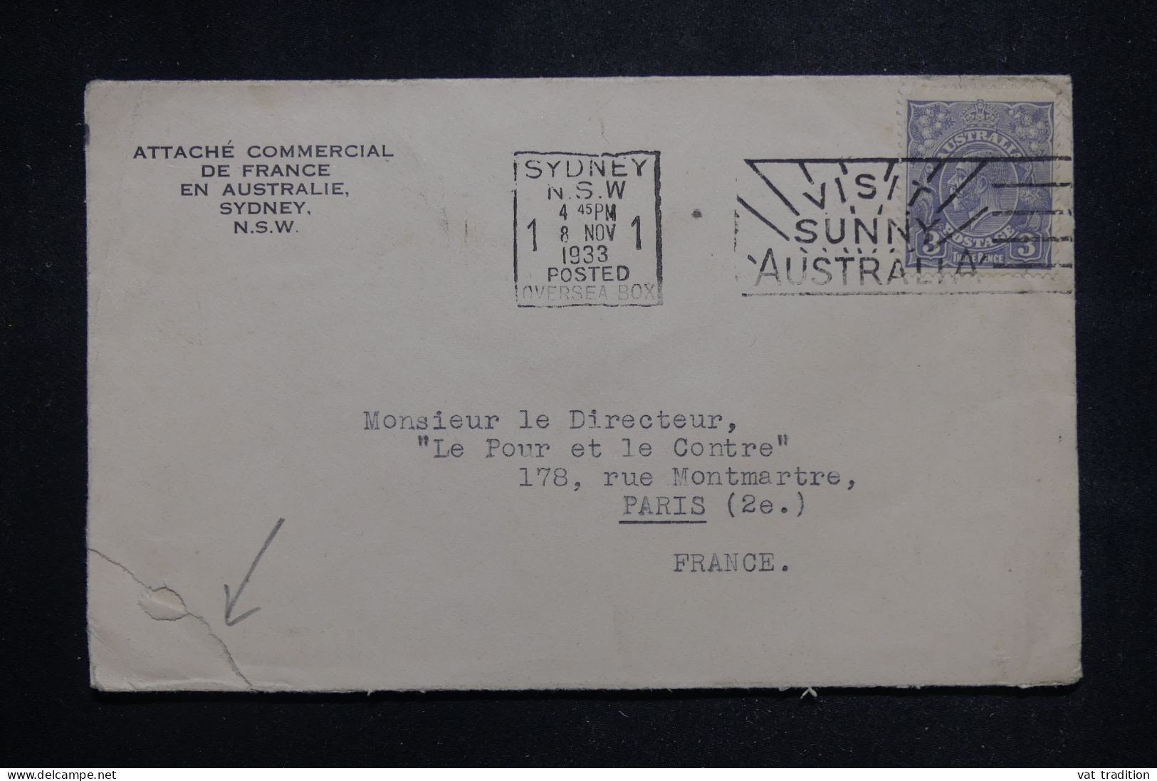 AUSTRALIE - Enveloppe De L'Attaché Commercial De France De Sydney Pour  Paris En 1933 - L 146766 - Storia Postale