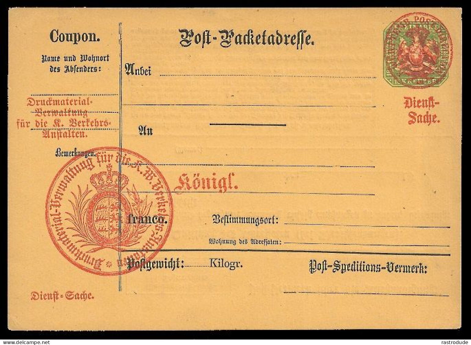 1874 WÜRTTEMBERG 18Kr POST PAKETKARTE Mi.-Nr. 1 MIT ROTEM DIENSTSIEGEL ALS FORMULAR - Postal  Stationery