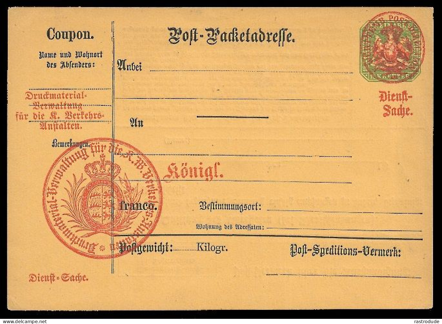 1874 WÜRTTEMBERG 18Kr POST PAKETKARTE Mi.-Nr. 1 MIT ROTEM DIENSTSIEGEL ALS FORMULAR - Postwaardestukken