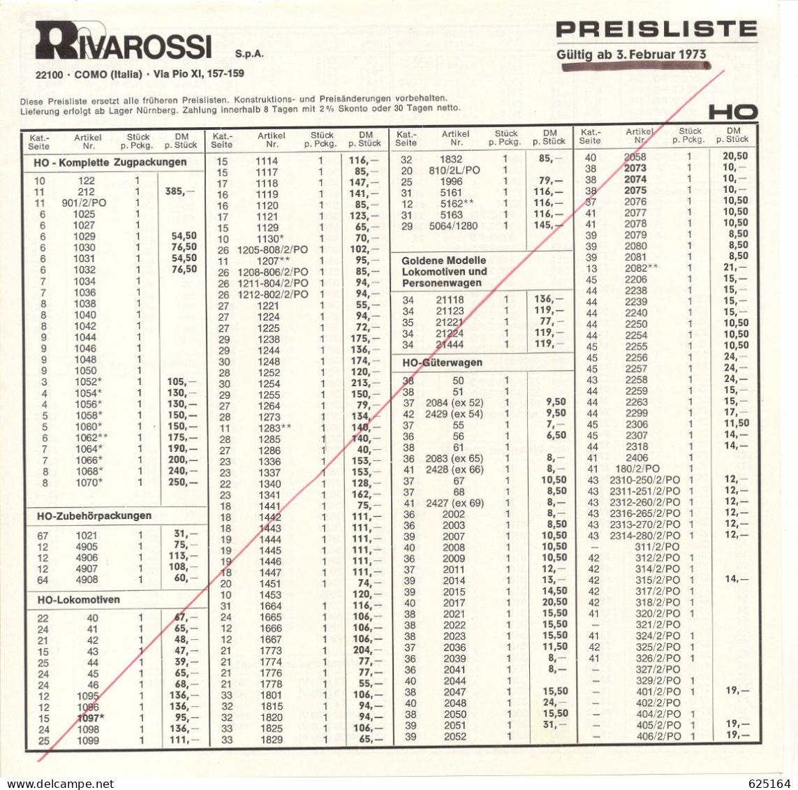 Catalogue RIVAROSSI 1974 HO O N ONLY Preisliste DM - Deutsch