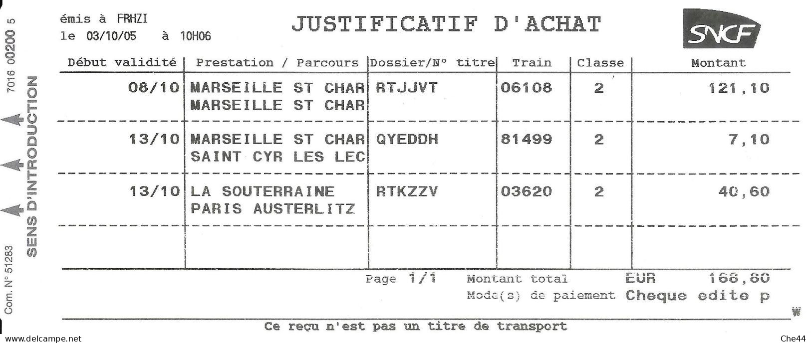 Justificatif D'achat : Billets De Trains. (Voir Commentaires) - Europa