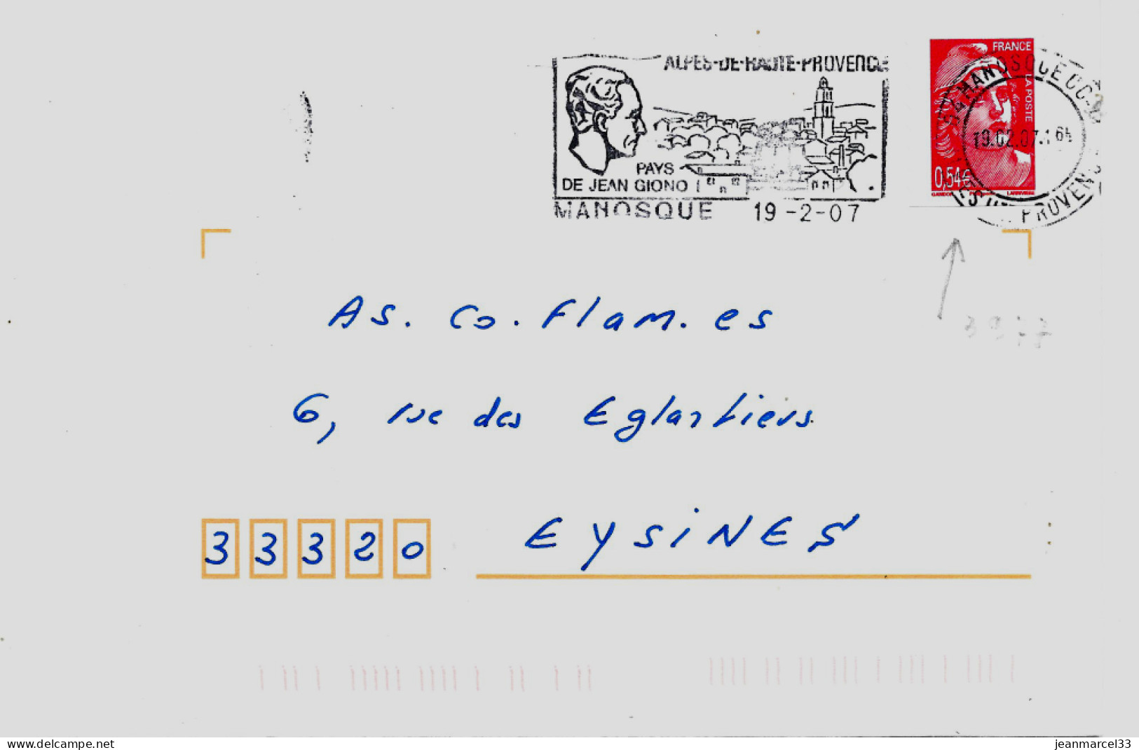 Variété Sur Lettre N° Yvert 3977 0,54 € Gandon Rouge Oblitération Secap 04 Manosque 19-2-07 - Lettres & Documents