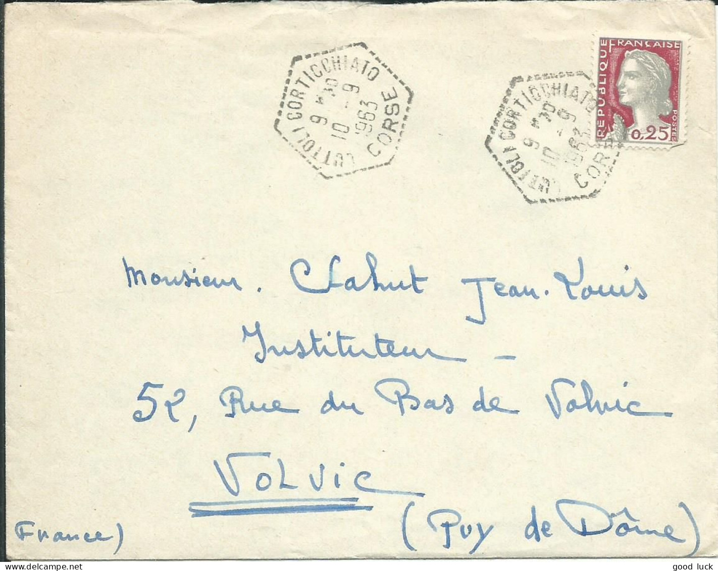 FRANCE LETTRE 25c  CUTTOLI CORTICCHIATO ( CORSE ) POUR VOLVIC ( PUY DE DOME ) DE 1963  LETTRE COVER - 1961 Marianne De Cocteau