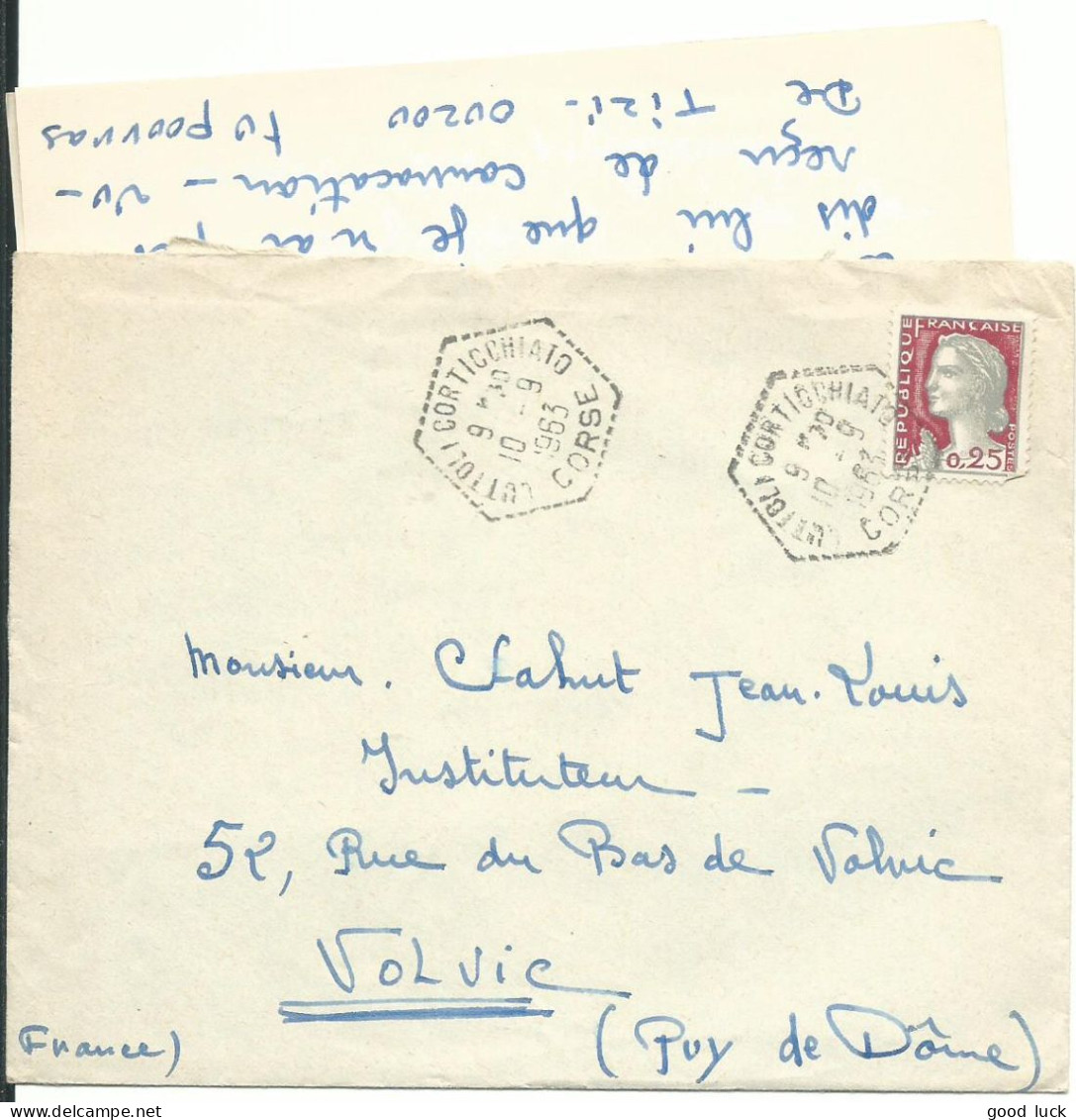 FRANCE LETTRE 25c  CUTTOLI CORTICCHIATO ( CORSE ) POUR VOLVIC ( PUY DE DOME ) DE 1963  LETTRE COVER - 1961 Marianni Di Cocteau