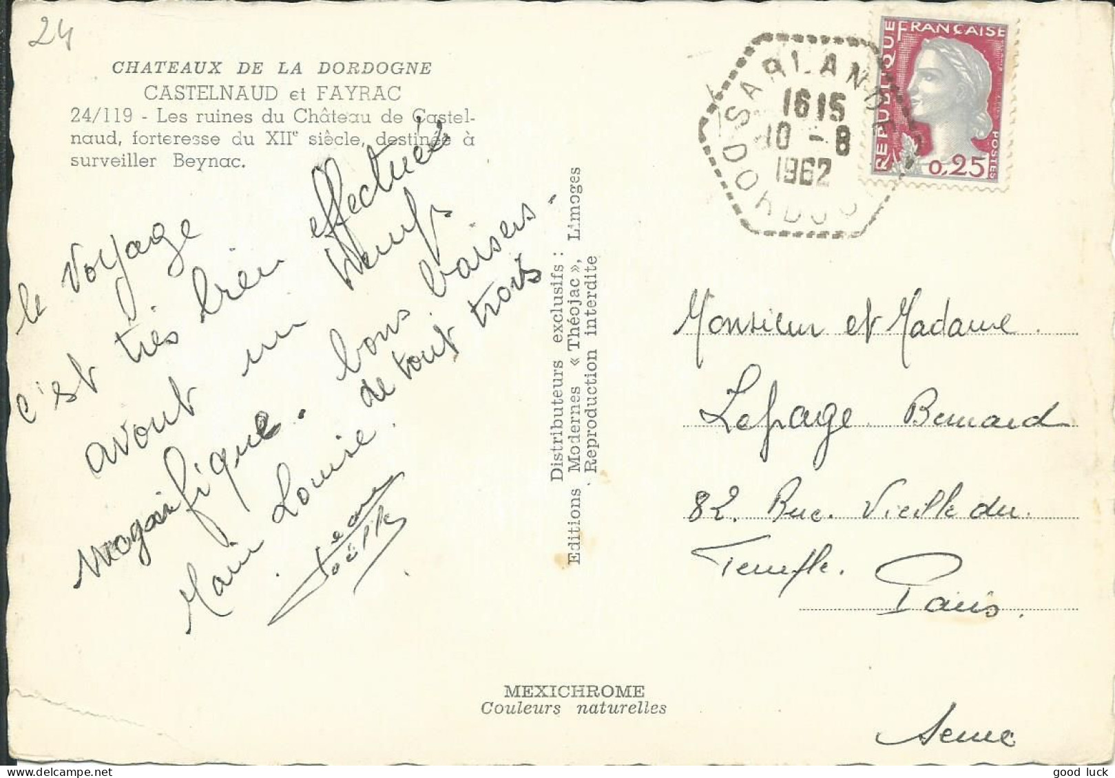 FRANCE CARTE 25c  SARLANDE ( DORDOGNE ) POUR PARIS DE 1962 LETTRE COVER - 1961 Marianne De Cocteau