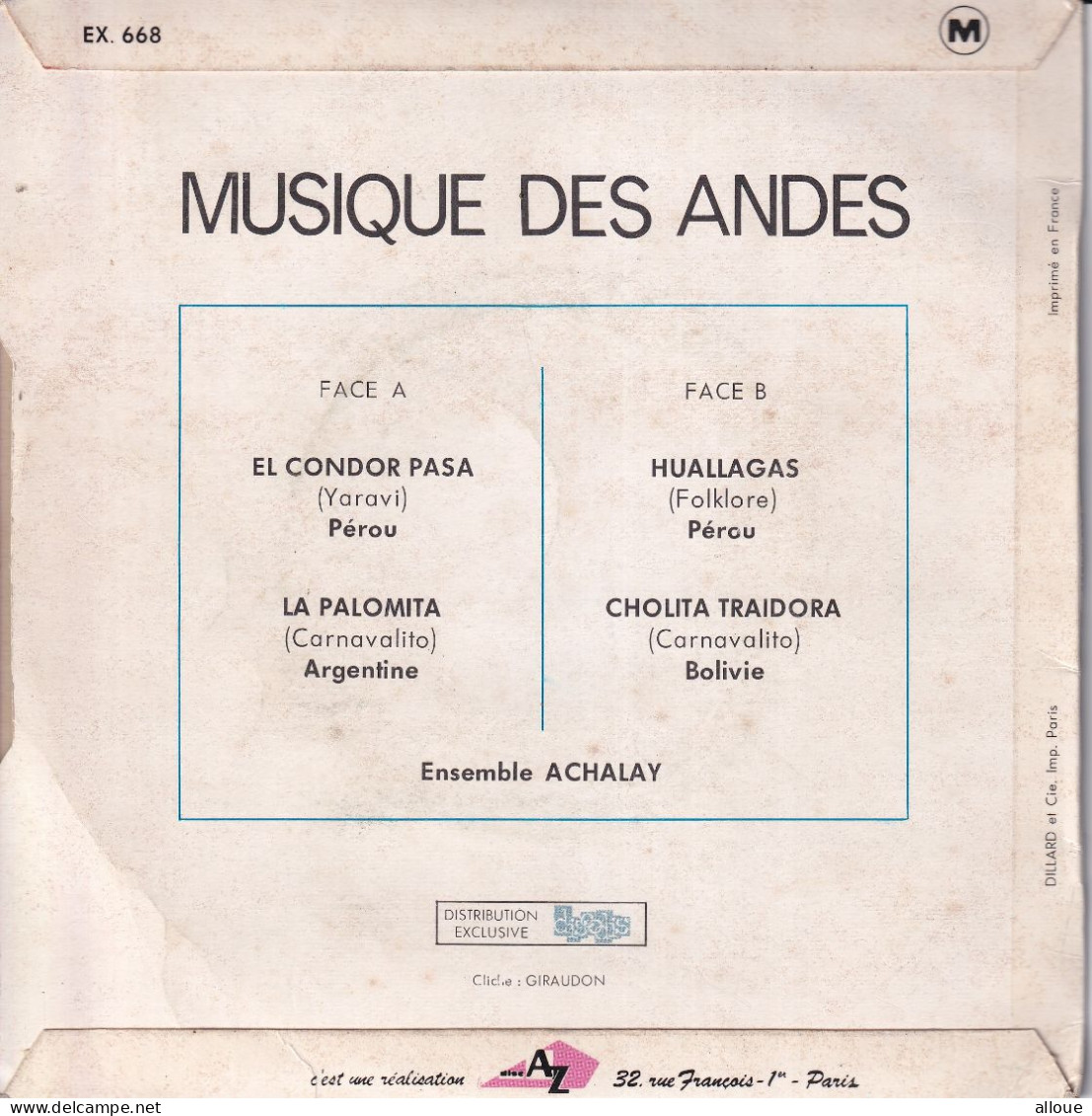 ENSEMBLE ACHALAY - FR EP - MUSIQUE DES ANDES - EL CONDOR PASA + 3 - Música Del Mundo