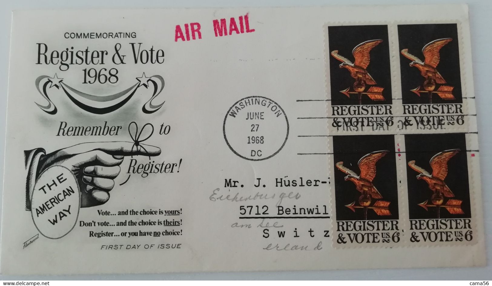 U.S.A. 1968 - Register & Vote Air Mail Washington- Beinwil Switzerland- FDC - 1951-1960