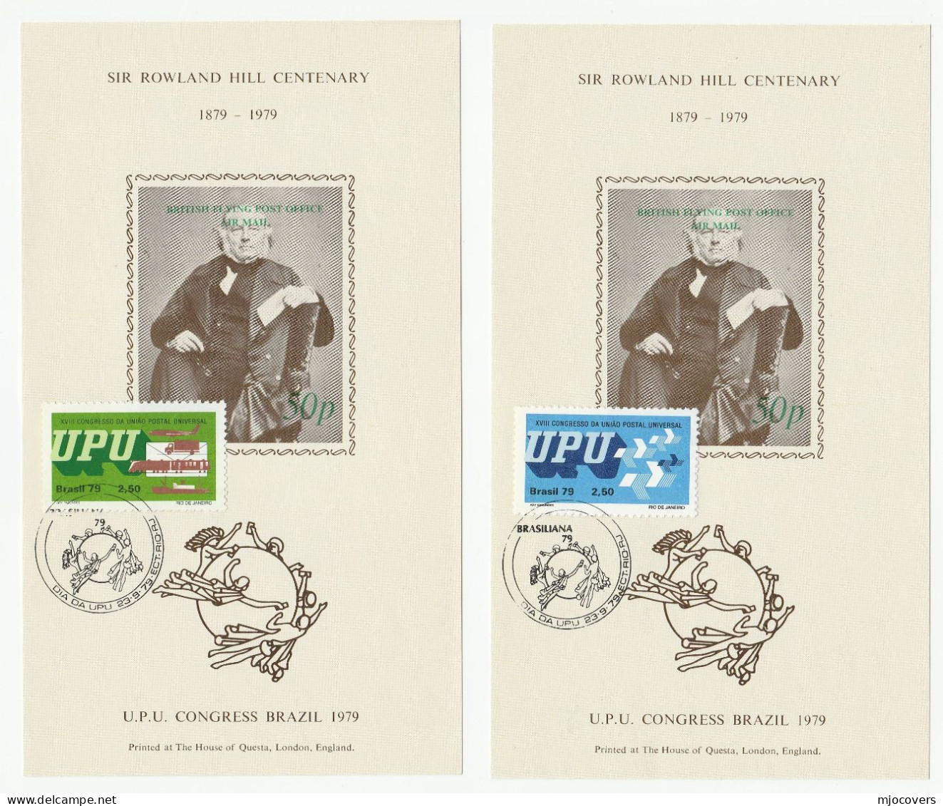 UPU DAY - Pair Diff BRAZIL SOUVENIR SHEETS Rowland Hill 1979 CONGRESS Stamps - Briefe U. Dokumente