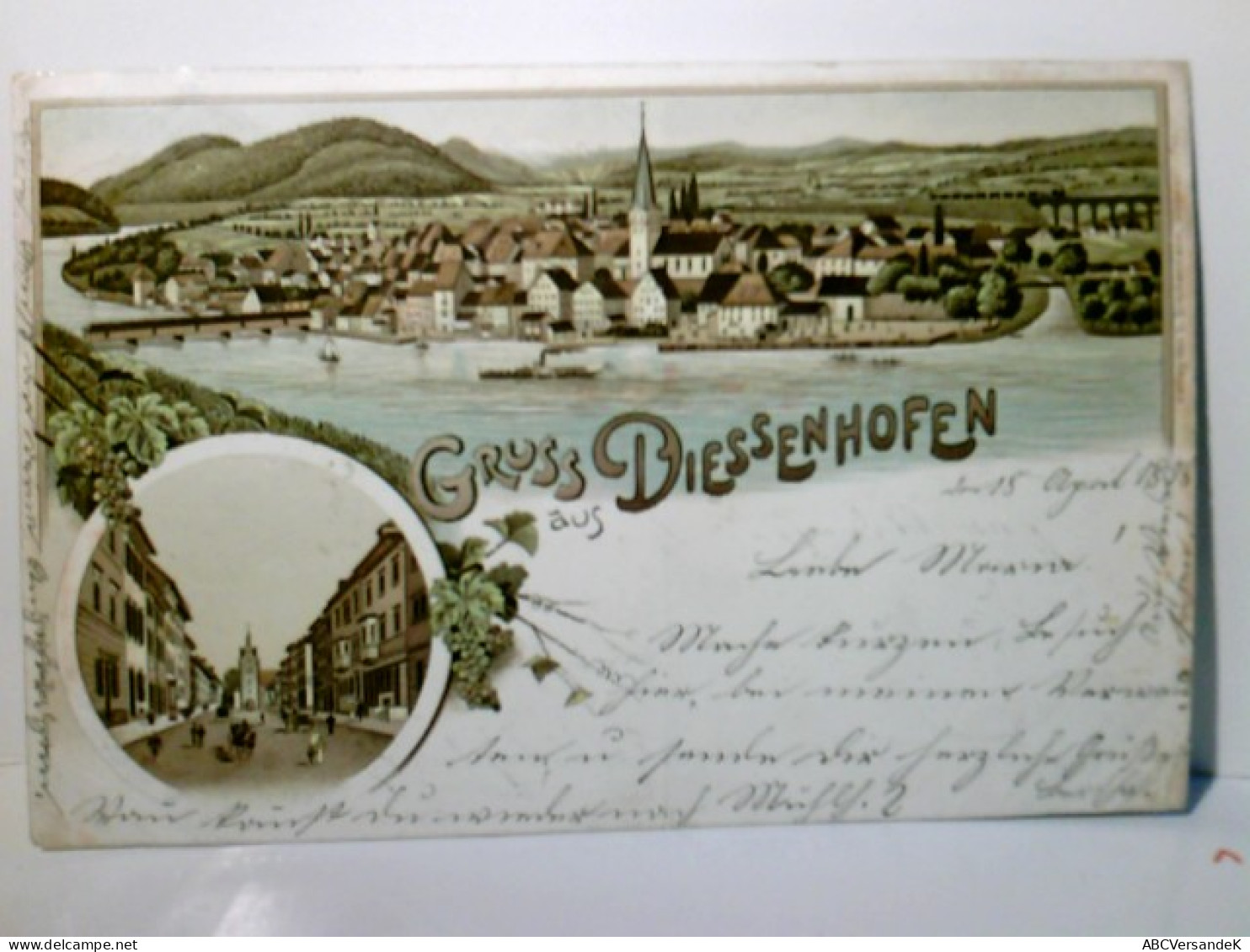 Diessenhofen. Gruss Aus.., Schweiz. Alte Ansichtskarte / Lithographie Farbig, Gel. 1898. 2 Ansichten : Blick ü - Diesse