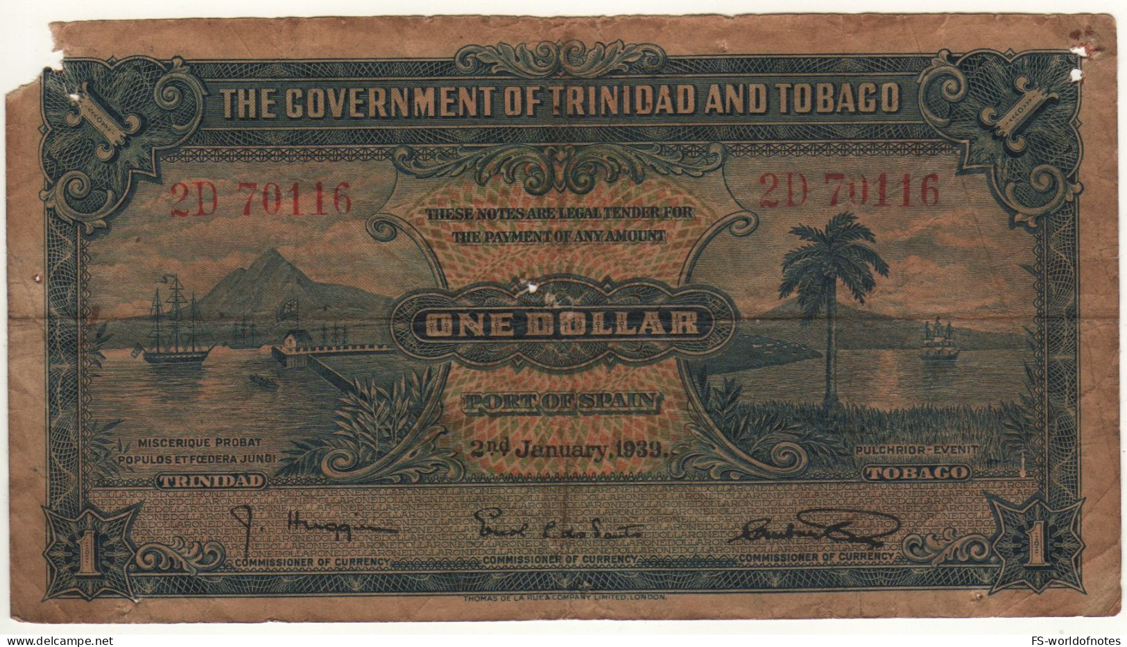 TRINIDAD & TOBAGO   $ 1   P5b   Dated 2.1.1939    (Salings Ships, Palm Tree + Arms At Back) - Trinidad & Tobago