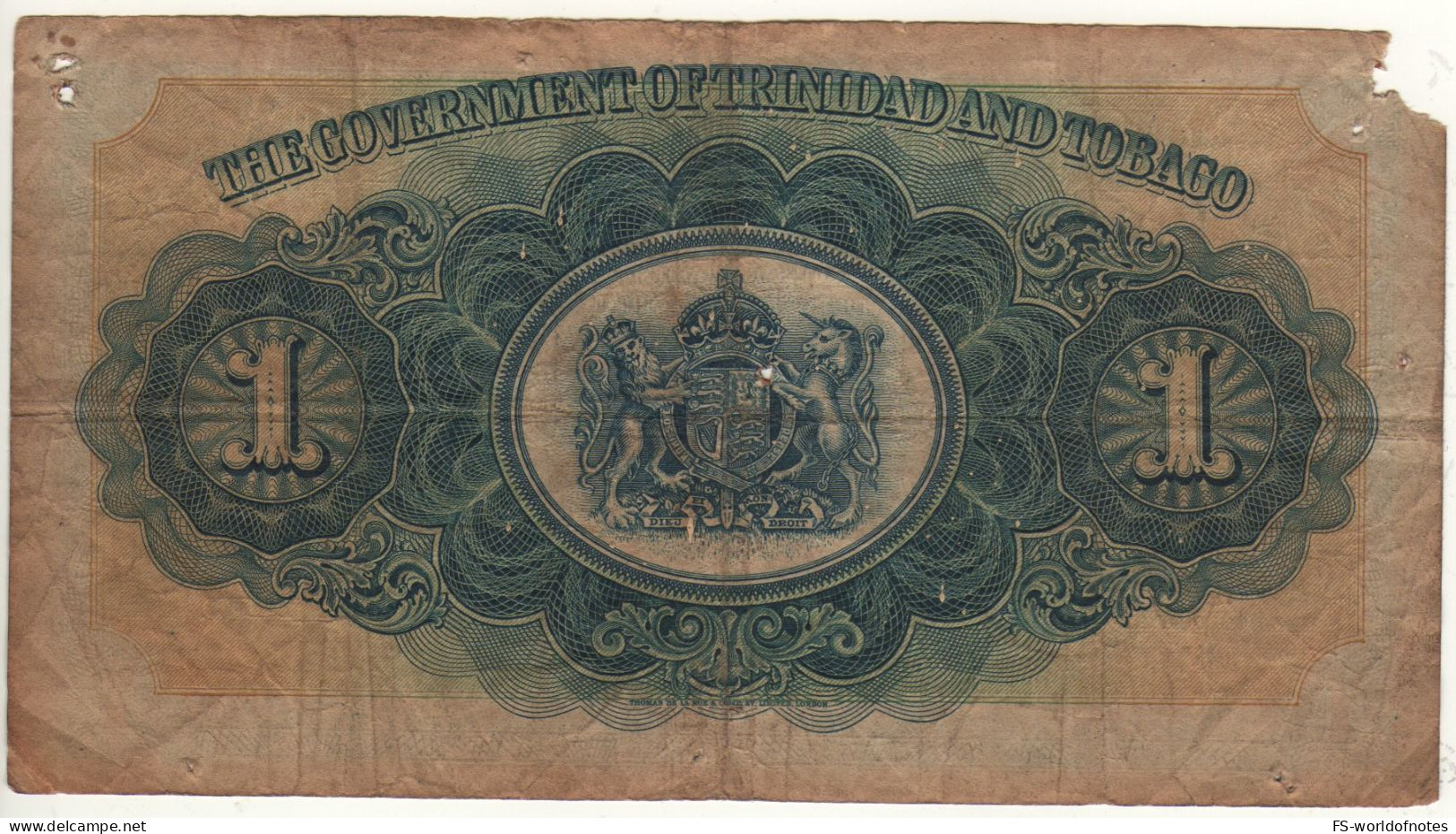 TRINIDAD & TOBAGO   $ 1   P5b   Dated 2.1.1939    (Salings Ships, Palm Tree + Arms At Back) - Trindad & Tobago