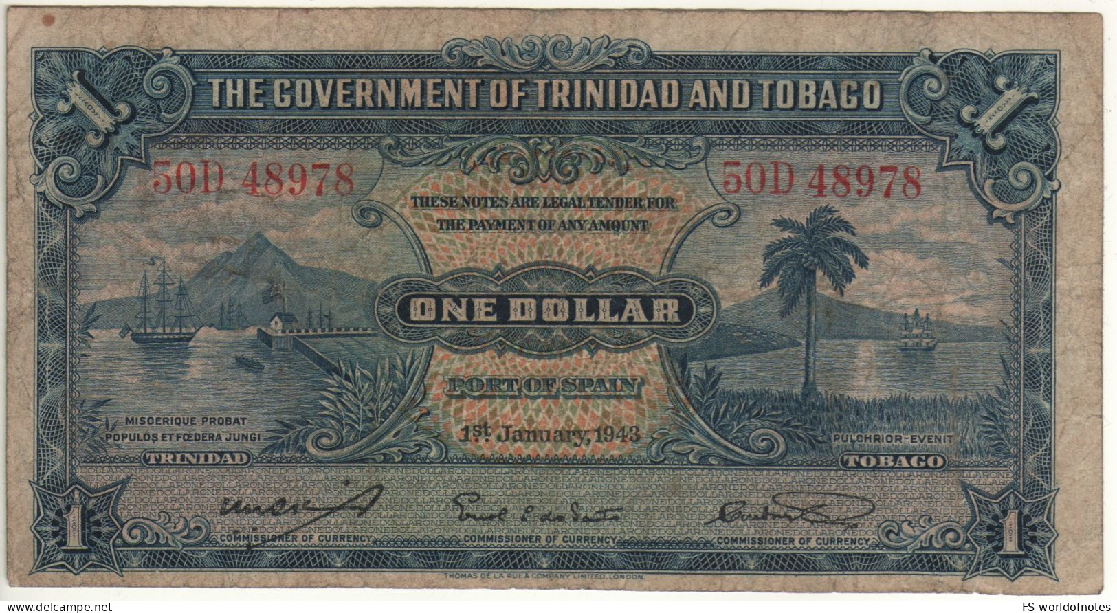 TRINIDAD & TOBAGO   $ 1   P5c   Dated 1.1.1943    (Salings Ships, Palm Tree + Arms At Back) - Trinidad & Tobago