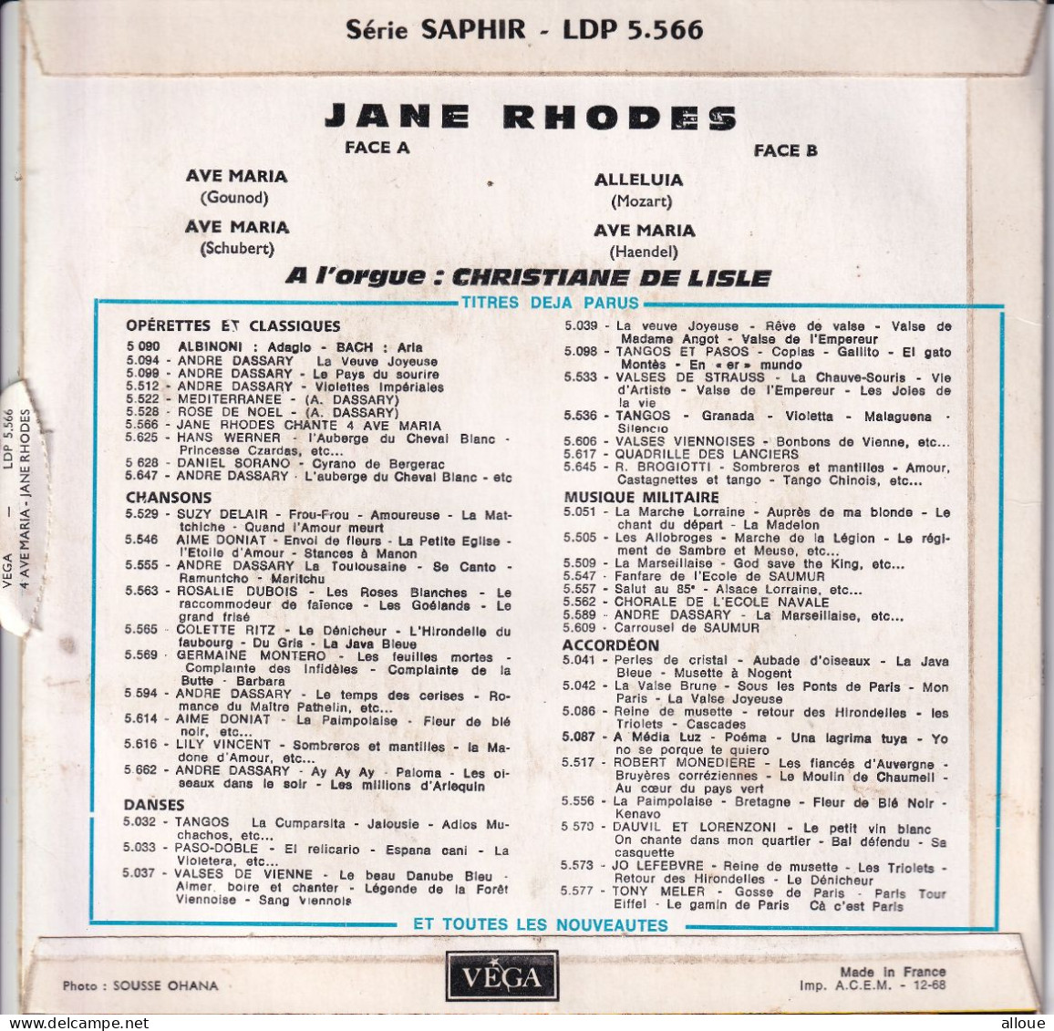 JANE RHODES - FR EP - AVE MARIA + 3 - Classique