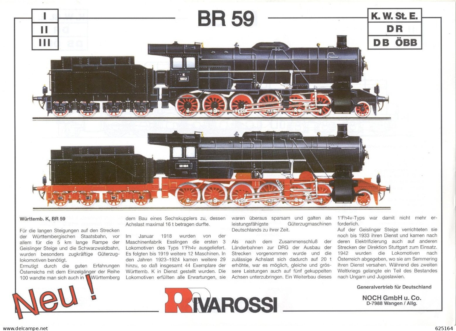 Catalogue RIVAROSSI 1995 Infoblatt BR 59 HO K.W.St.E.- DR - DB - ÖBB - Deutsch