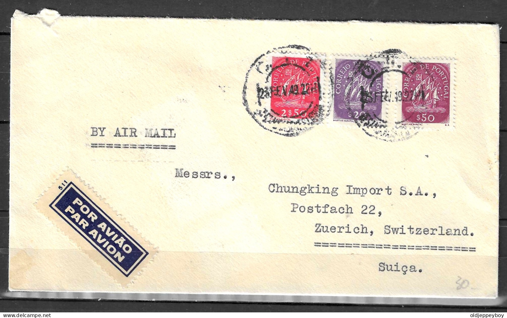 1949 PORTUGAL   ENVELOPE COVER AIRMAIL TO CHUNGKING IMPORT ZUERICH ZURICH   SUISSA SUISSE SWITZERLAND - Storia Postale