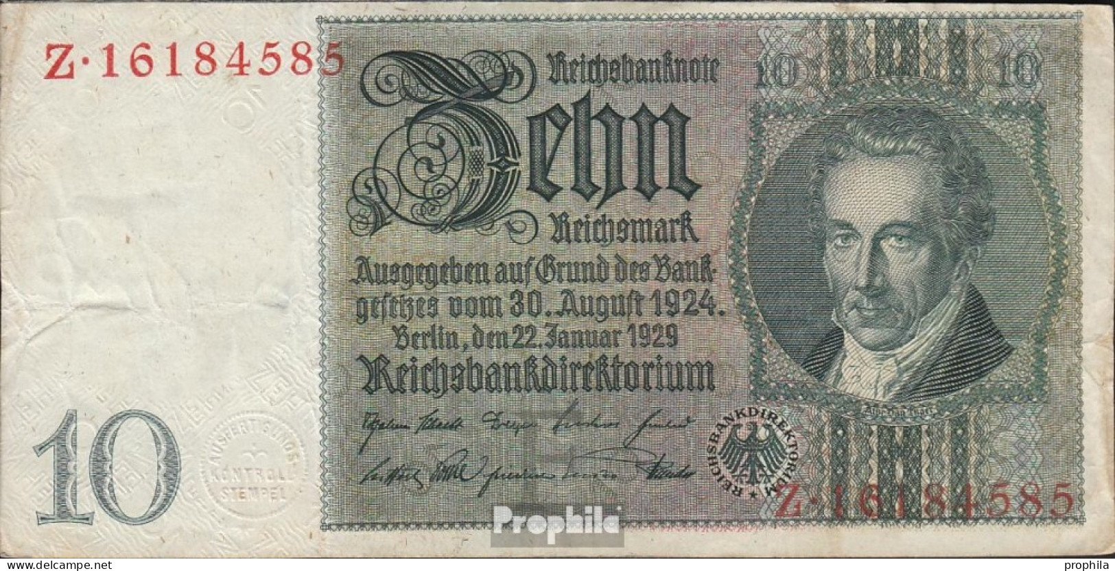 Deutsches Reich Rosenbg: 173a Udr.- Bst. F, Serien: Z, Wz. Thaer Gebraucht (III) 1929 10 Reichsmark - 10 Mark