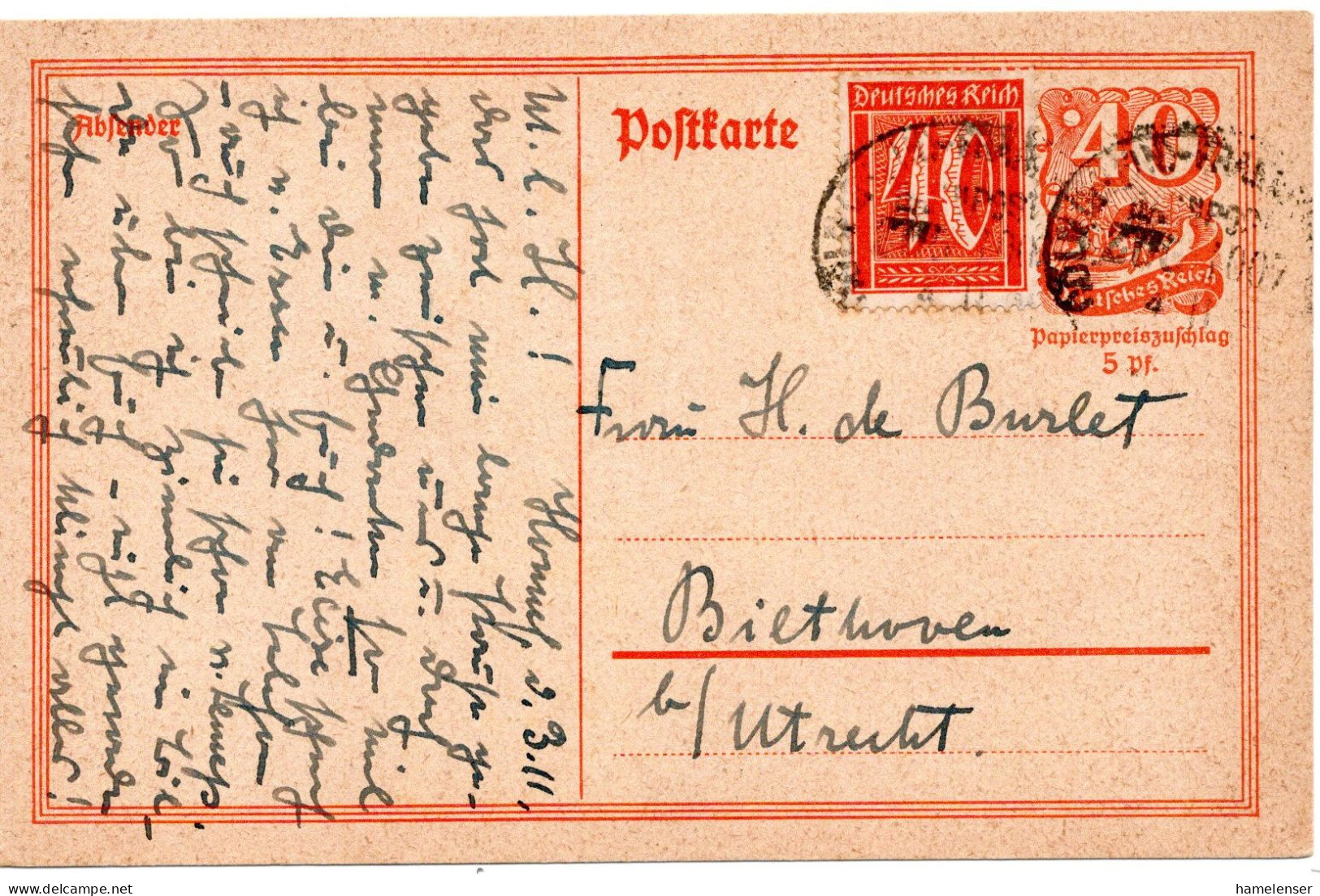 59744 - Deutsches Reich - 1921 - 40Pfg Reiter GAKte M ZusFrankatur Bahnpoststpl COELN-FRANKFURT -> Niederlande - Cartas & Documentos