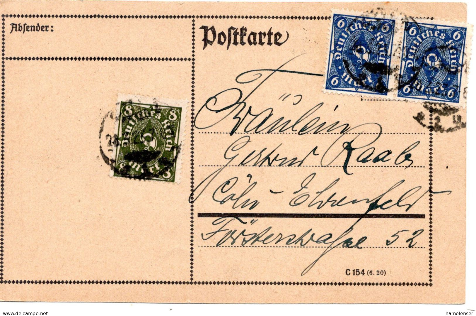 59747 - Deutsches Reich - 1923 - 8M Posthorn MiF A OrtsKte COELN - Briefe U. Dokumente