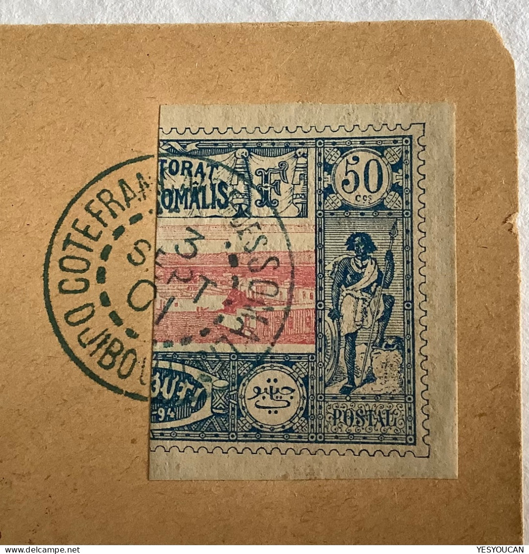 Cote Des Somalis YT 15ca = 2200€ 50c Timbre Coupé Sur Partie De Lettre DJIBOUTI 1901>USA (cover Bisect Obock Marseille - Storia Postale