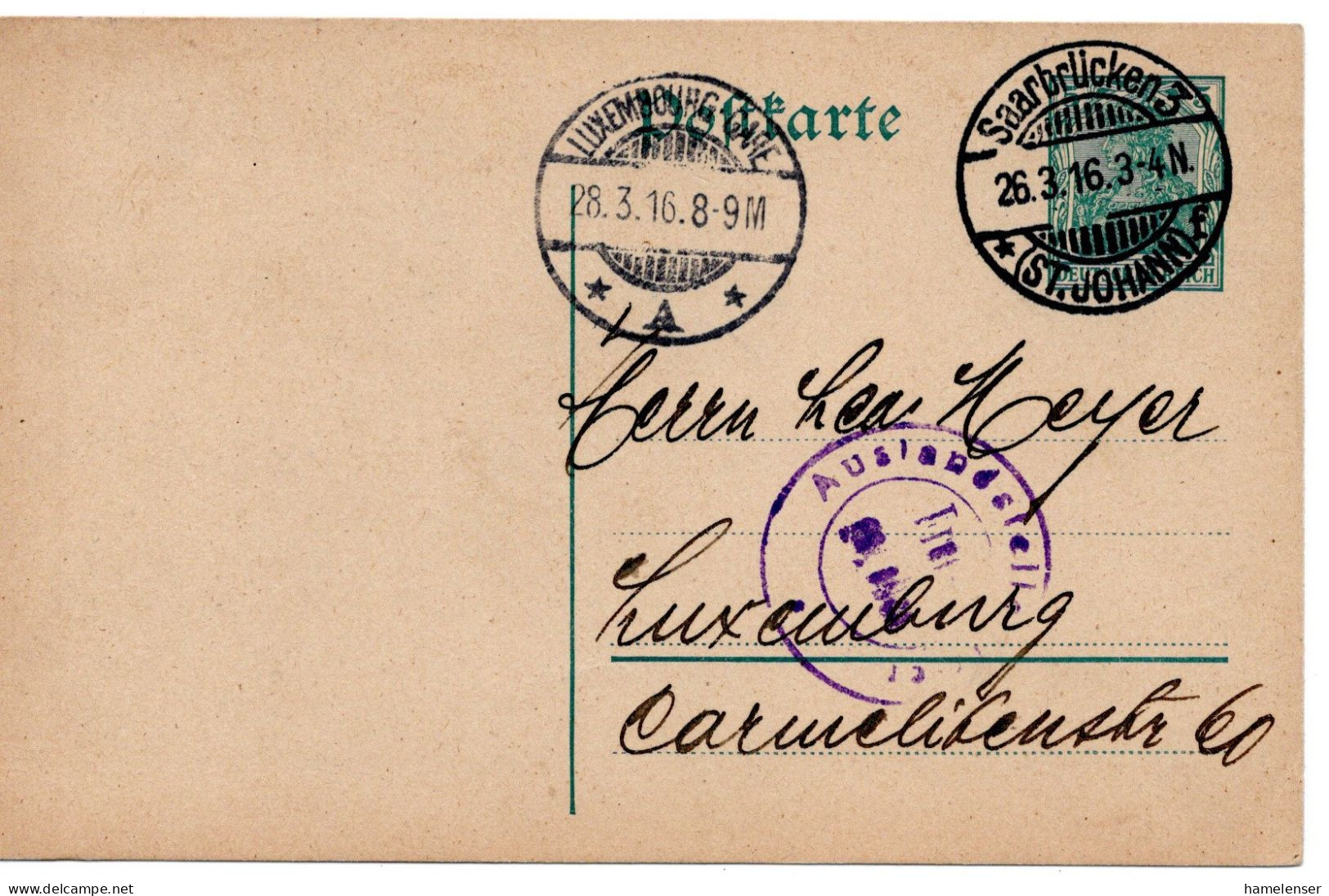 59753 - Deutsches Reich - 1916 - 5Pfg Germania GAKte M Dt Zensur SAARBRUECKEN -> LUXEMBOURG (Luxemburg) - Storia Postale