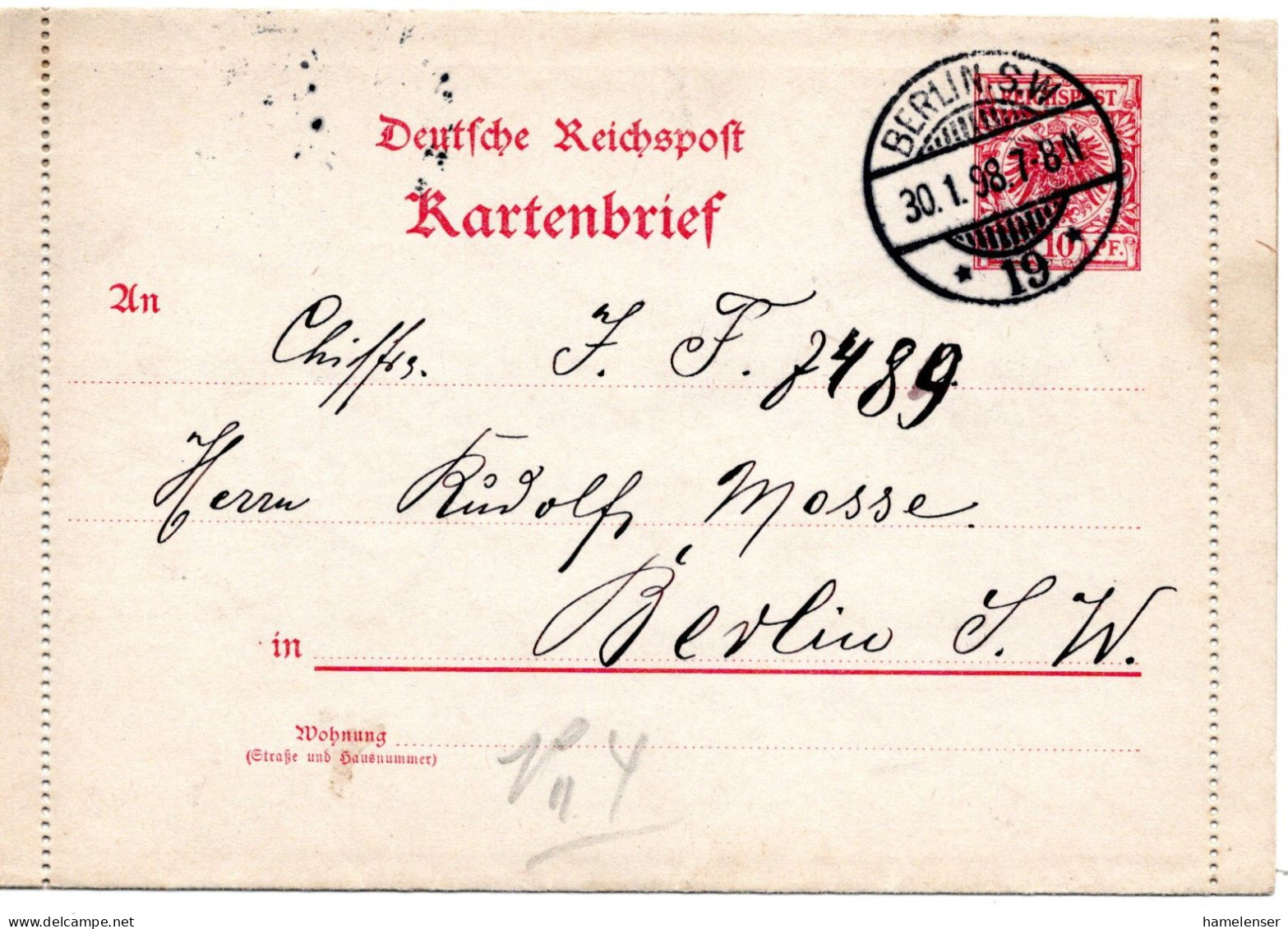 59756 - Deutsches Reich - 1898 - 10Pfg Krone & Adler GAKtenBf (Rand Kpl!) Als OrtsBf BERLIN - Covers & Documents