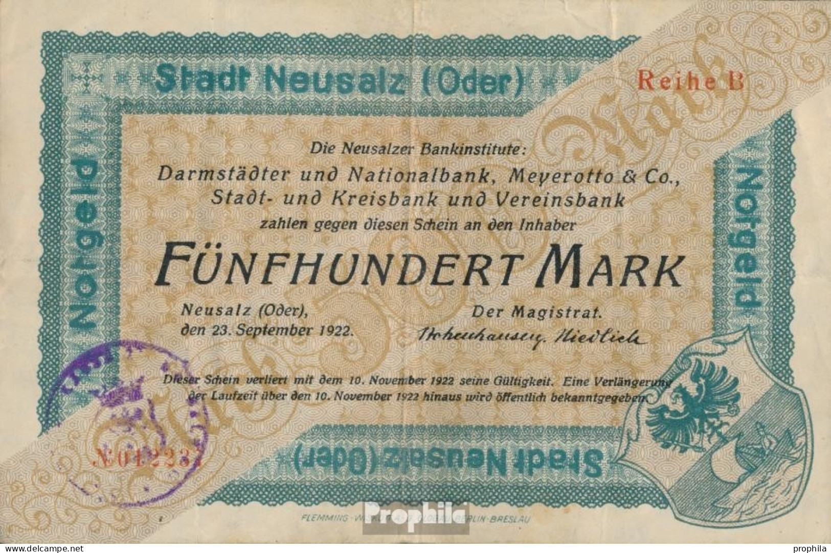 Neusalz Notgeld Der Stadt Neusalz (Oder) Gebraucht (III) 1922 500 Mark Neusalz - 500 Mark