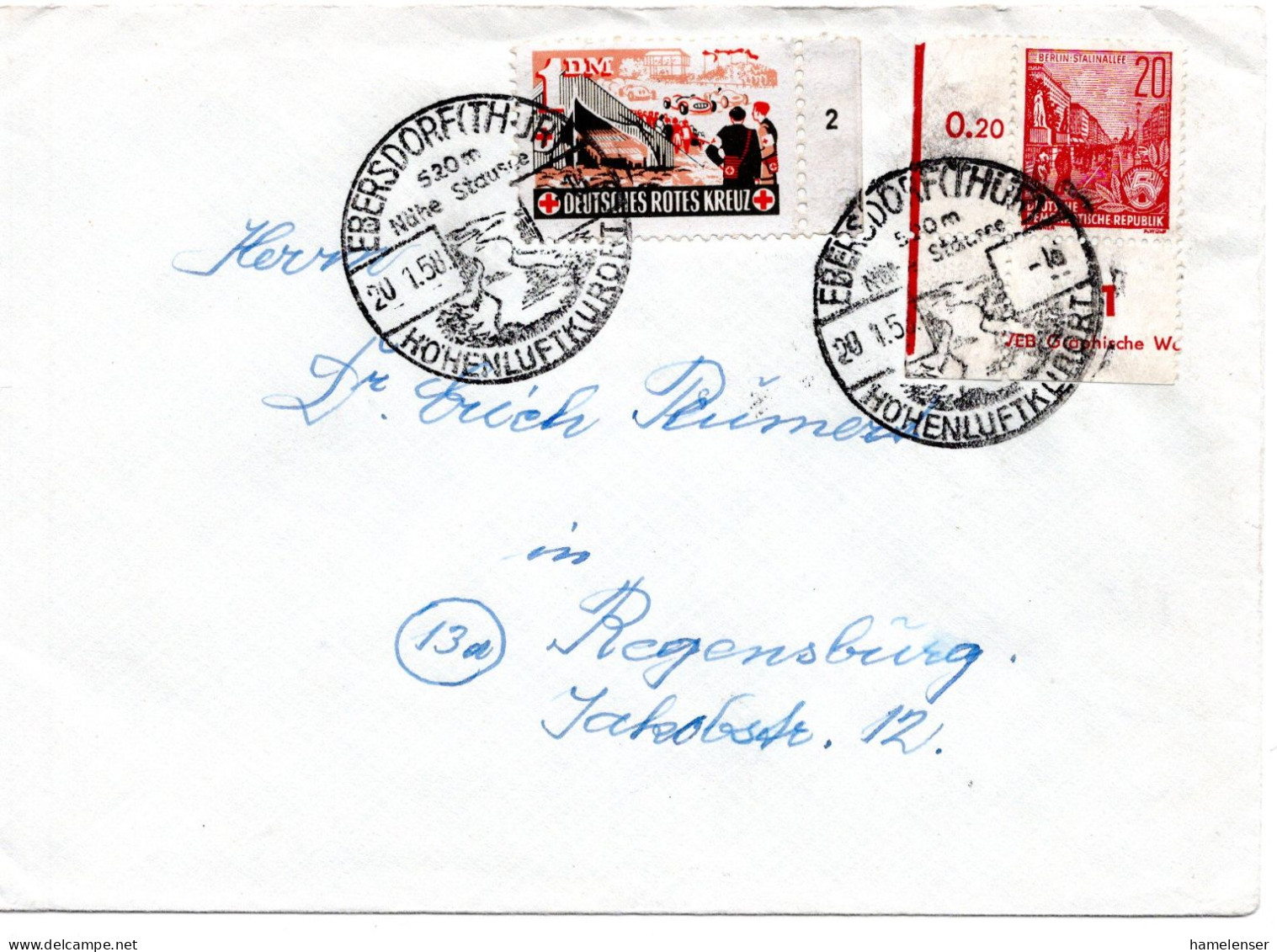 59785 - DDR - 1954 - 20Pfg Fuenfjahrplan EF & Spendenmarke "Deutsches Rotes Kreuz" A Bf EBERSDORF -> Westdeutschland - Red Cross