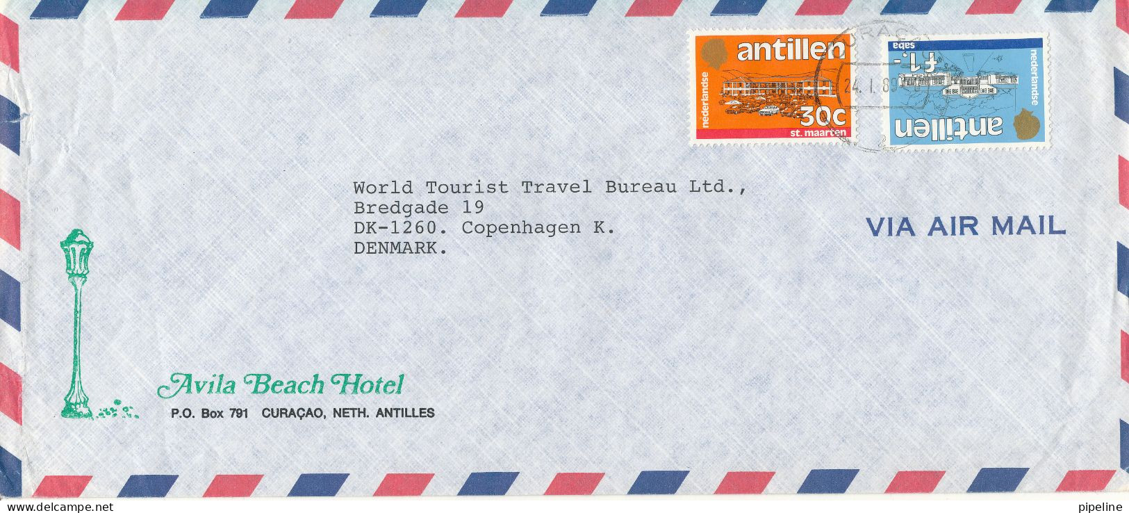 Netherlands Antilles Air Mail Cover Sent To Denmark 24-1-1989 - Curaçao, Nederlandse Antillen, Aruba